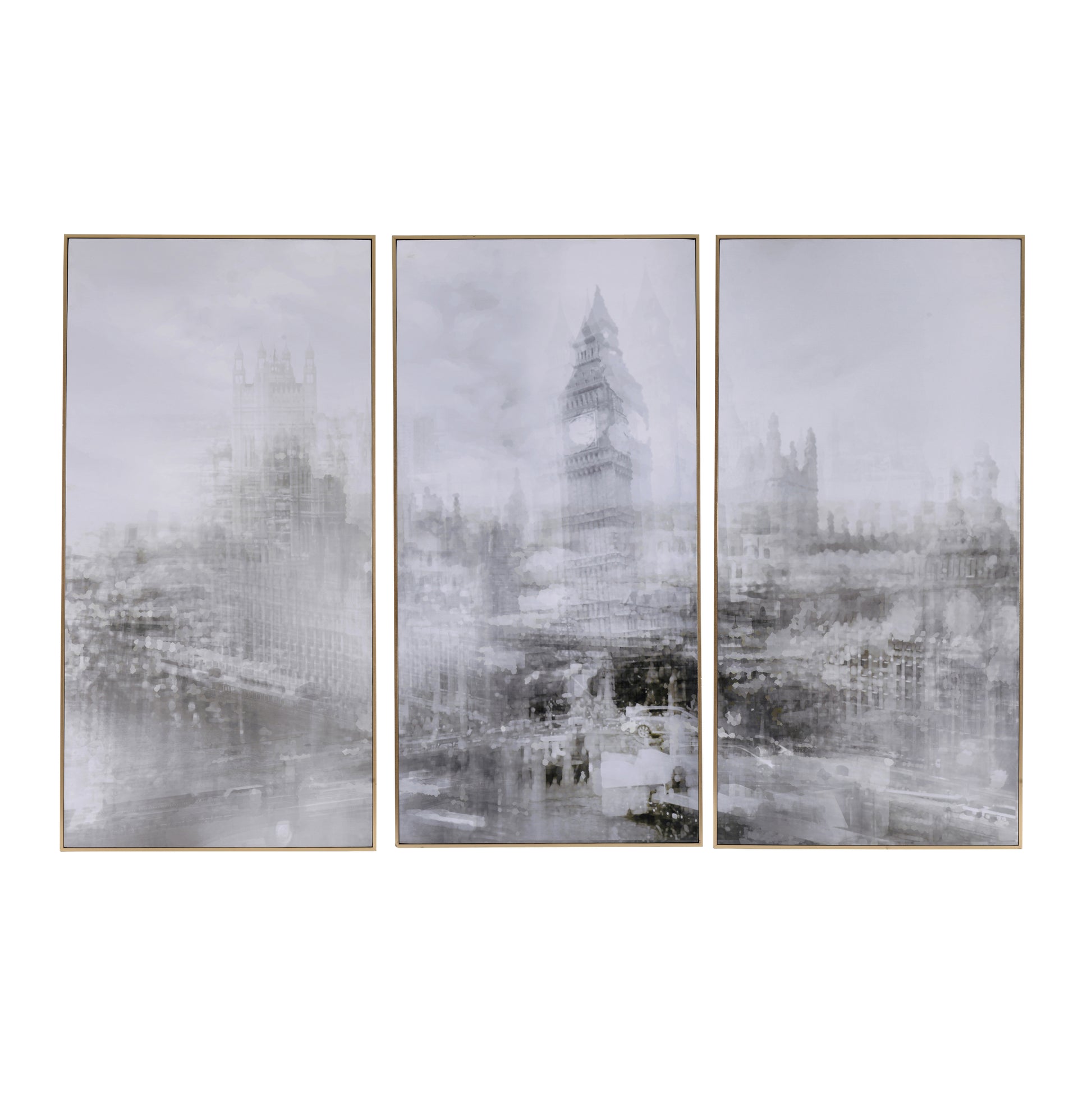 35.5" X 71" Foggy City Rectangle Framed Wall Art Canvas Print, Wall Decor For Living Room Bedrrom Entryway Office, Set Of 3 Gray Canvas