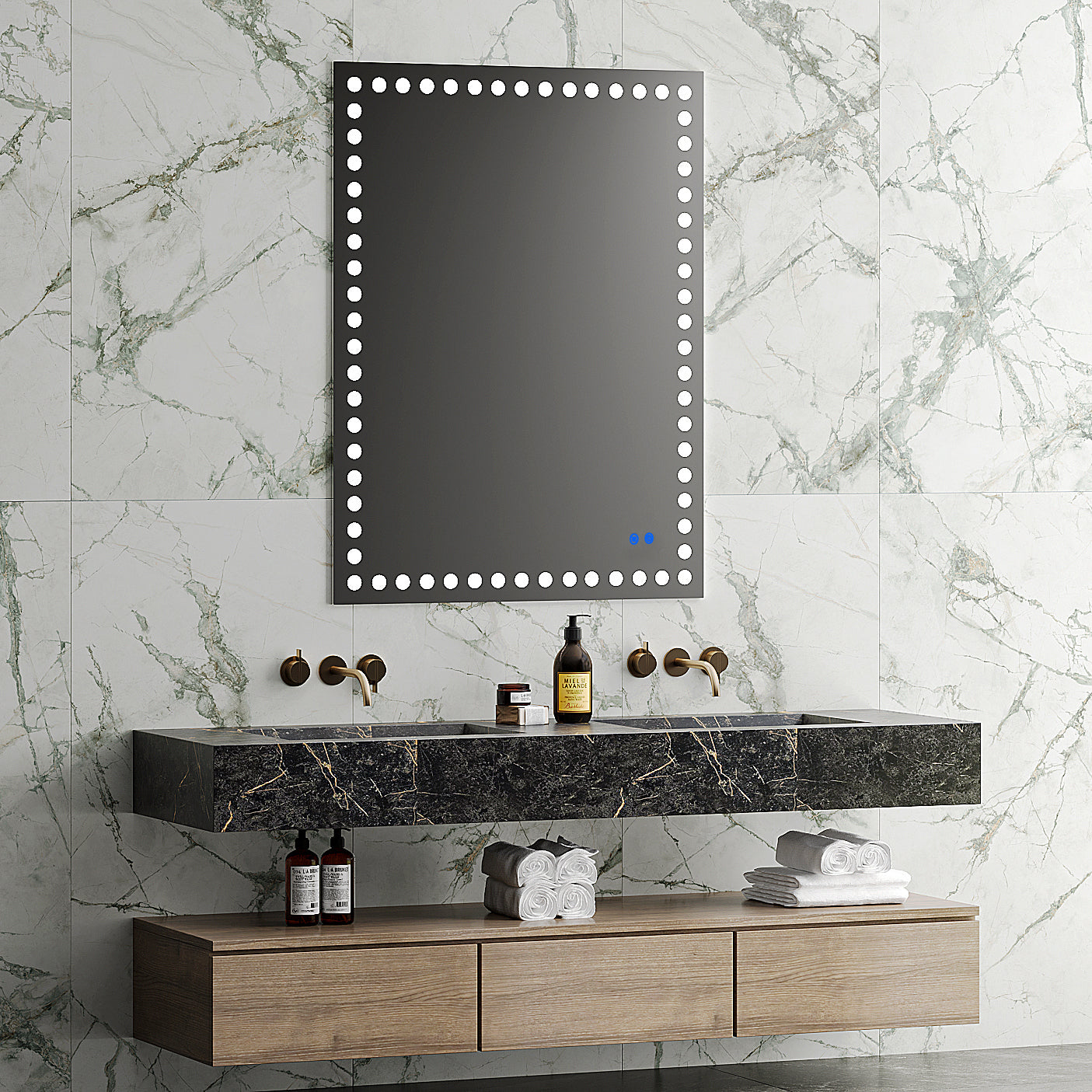 48X36 Inch Led Lit Bathroom Mirror, Wall Mounted Anti Fog Memory Rectangular Vanity Mirror With Tri White Front Circular Light And Touch Sensor Dimmer Switch White Glass