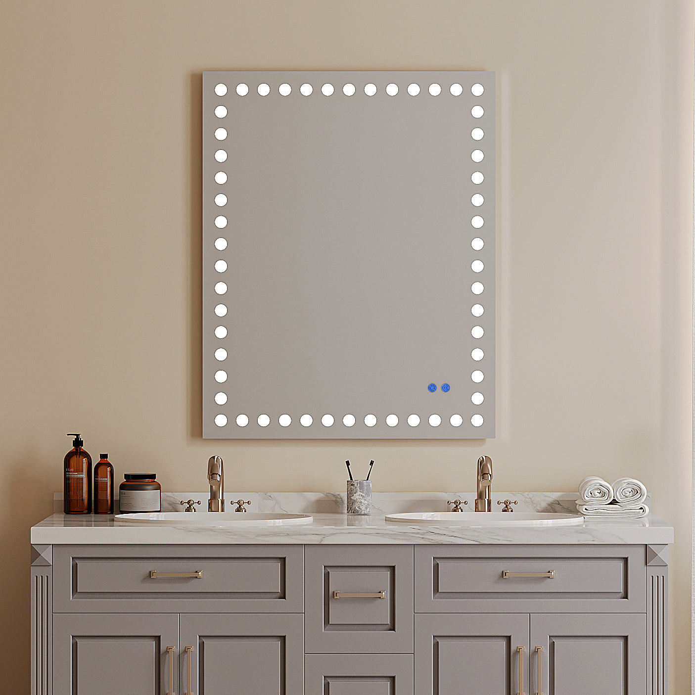 40X32 Inch Led Lit Bathroom Mirror, Wall Mounted Anti Fog Memory Rectangular Vanity Mirror With Tri White Front Circular Light And Touch Sensor Dimmer Switch White Glass