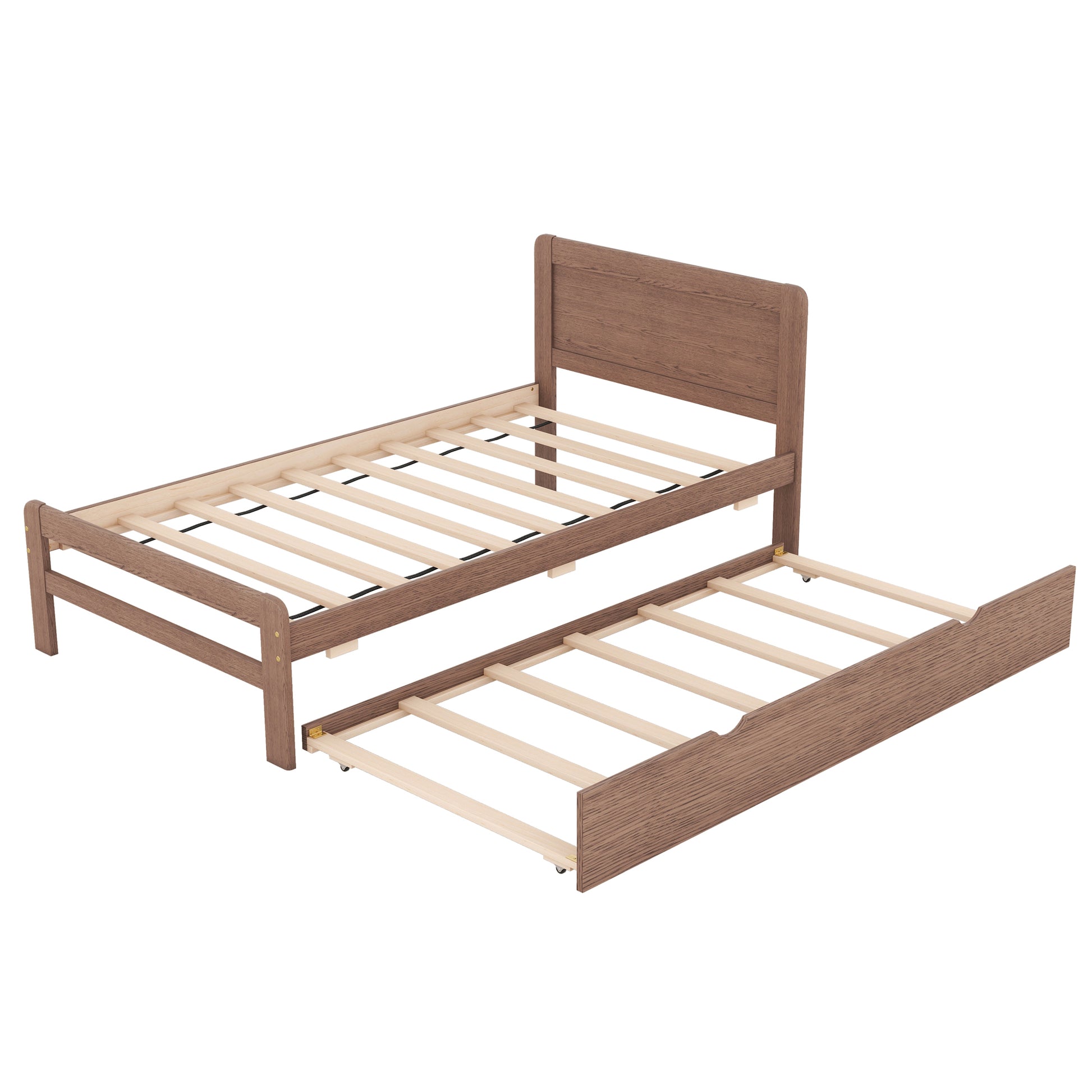 Modern Design Wooden Twin Size Platform Bed Frame With Trundle For Walnut Color Walnut Rubber Wood