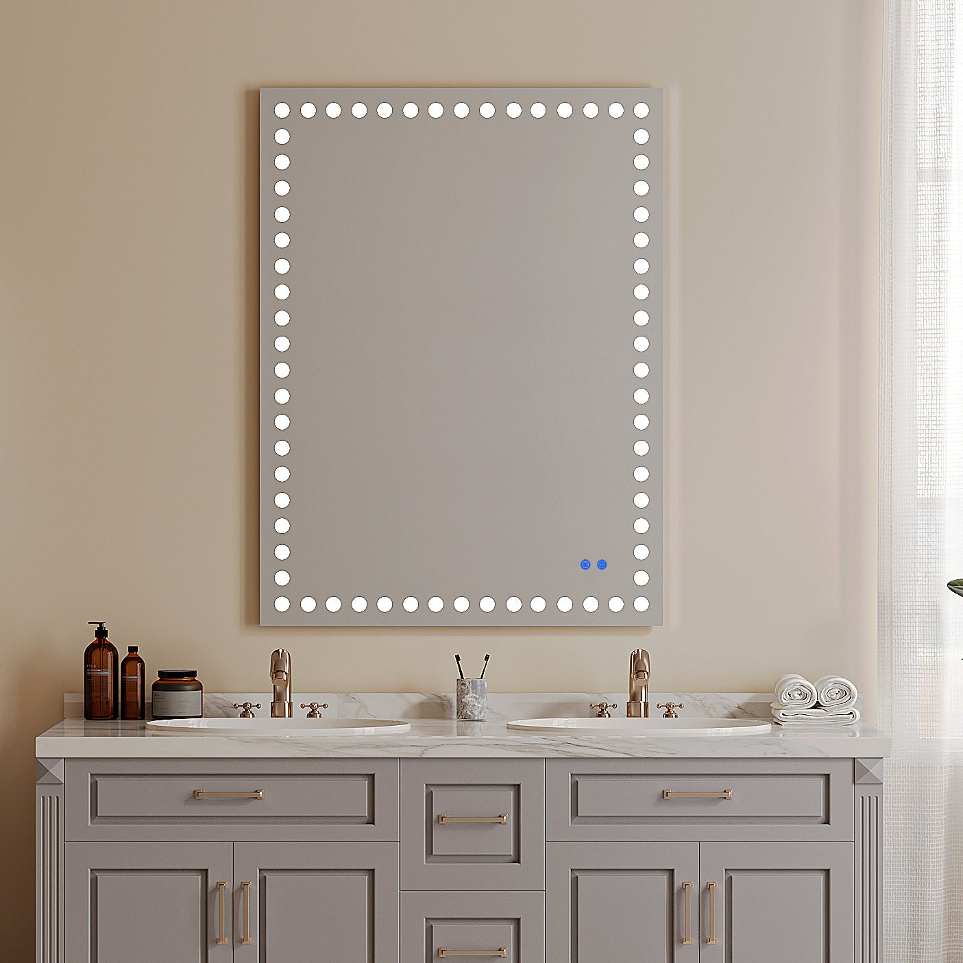 48X36 Inch Led Lit Bathroom Mirror, Wall Mounted Anti Fog Memory Rectangular Vanity Mirror With Tri White Front Circular Light And Touch Sensor Dimmer Switch White Glass