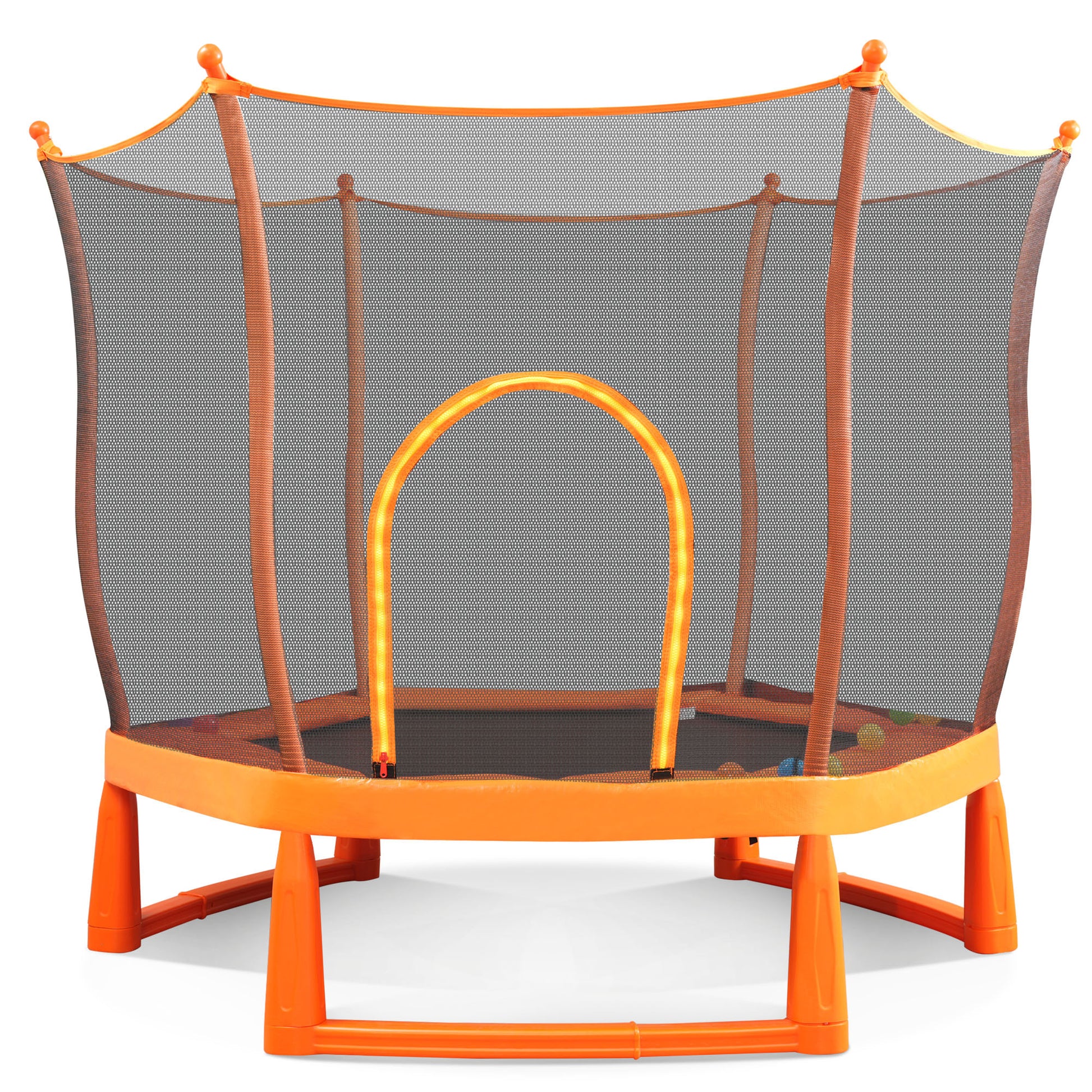 6Ft Toddlers Trampoline With Safety Enclosure Net And Ocean Balls, Fully Protected Indoor Trampoline And Ball Pit Balls For Kids, Easy Assembly Lotus Shape For Spaciousness Orange Metal