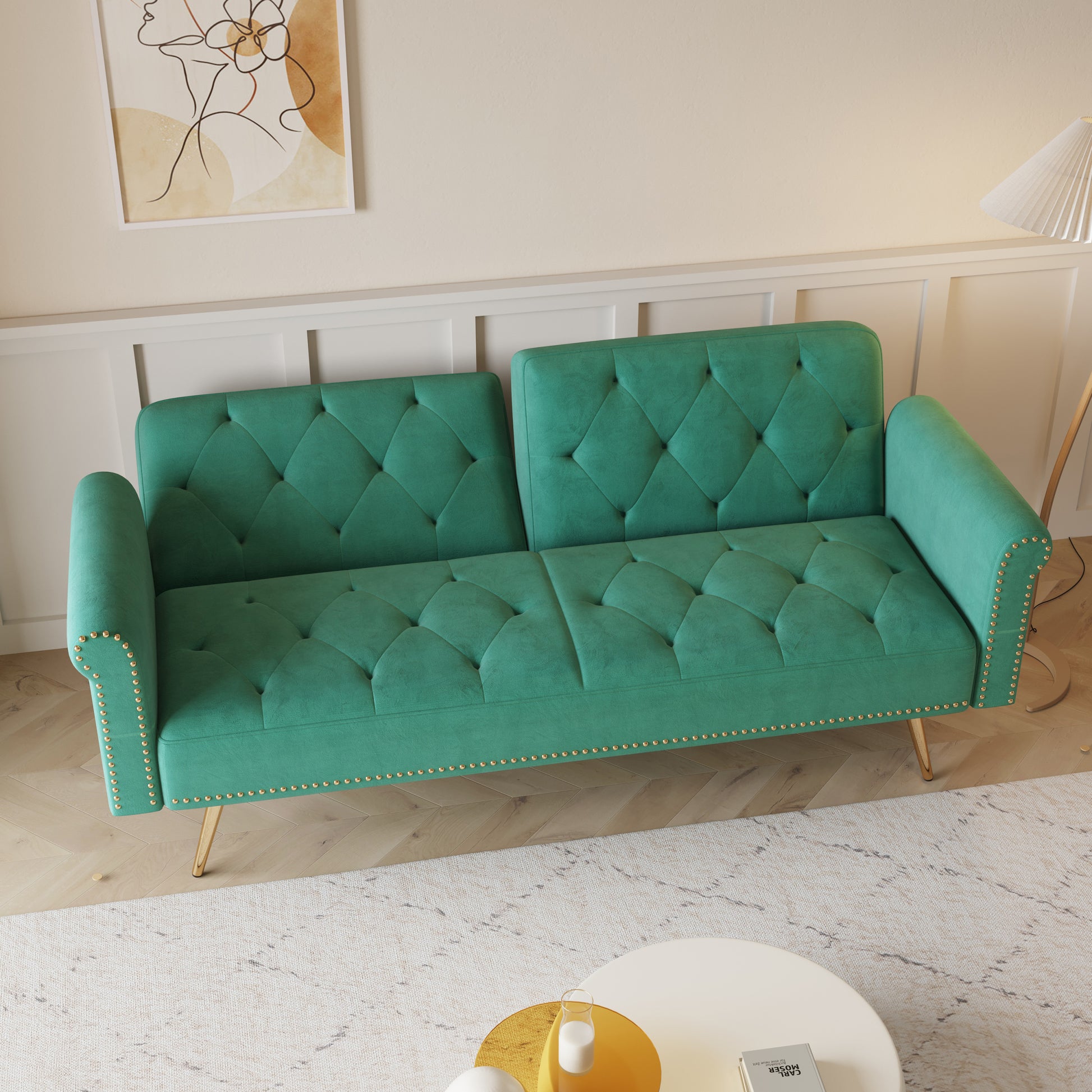 69.7 "Green Velvet Nail Head Sofa Bed With Throw Pillow Green Velvet 2 Seat