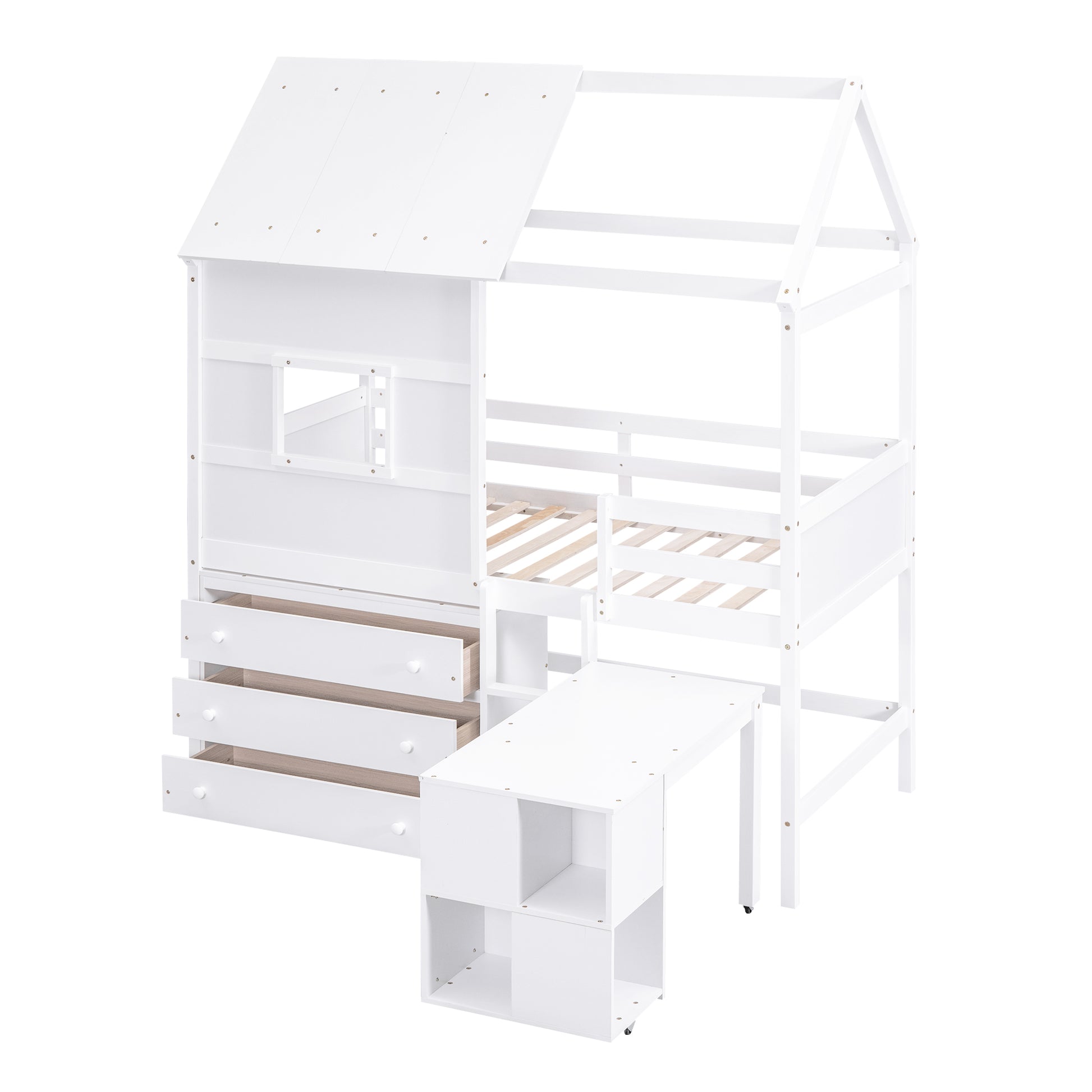 Twin Size House Loft Bed With Storage Desk And 3 Drawer Chest, White Box Spring Not Required Twin White Wood Bedroom Solid Wood Mdf