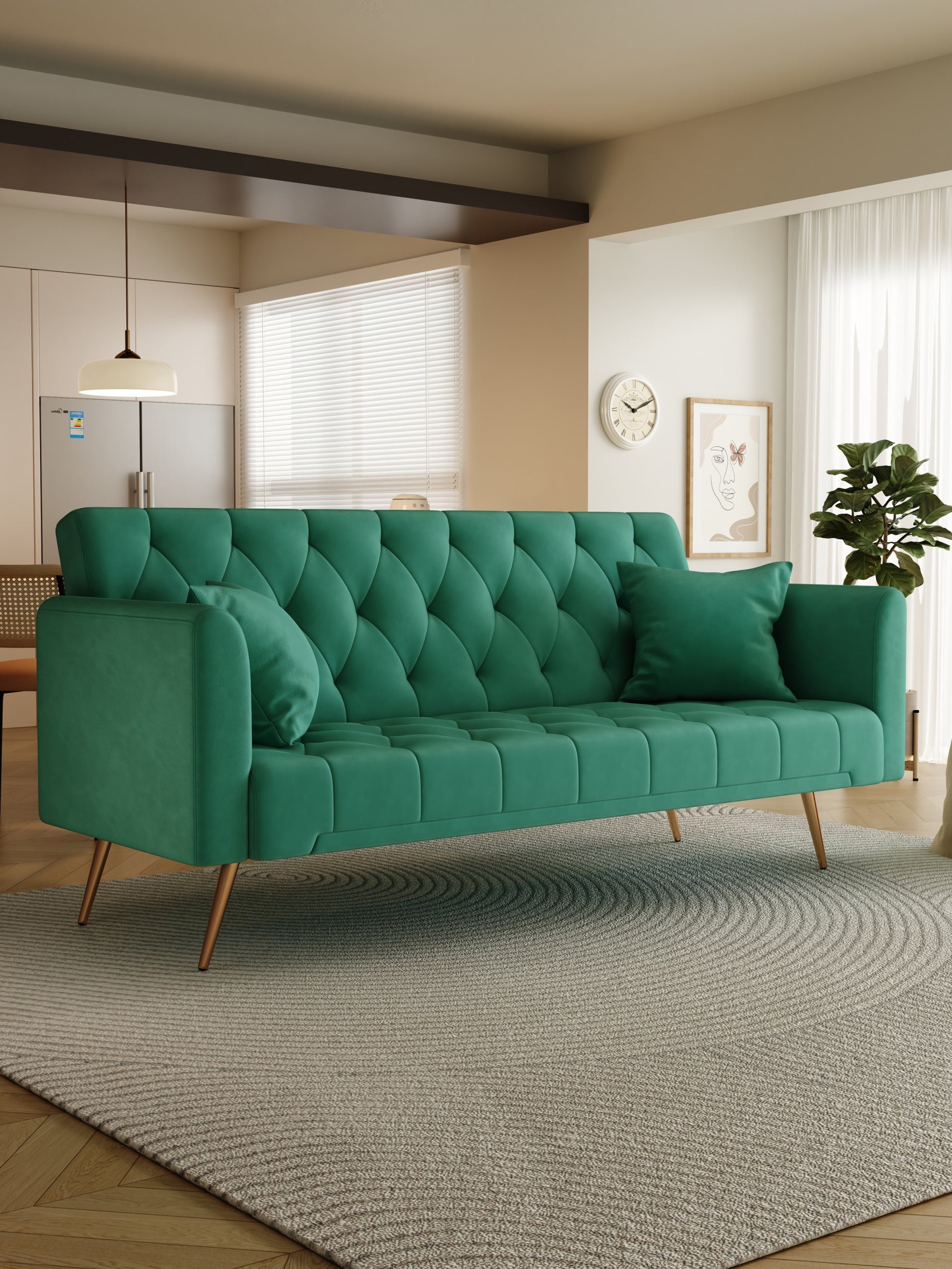 71" Convertible Double Folding Living Room Sofa Bed Green Velvet 2 Seat