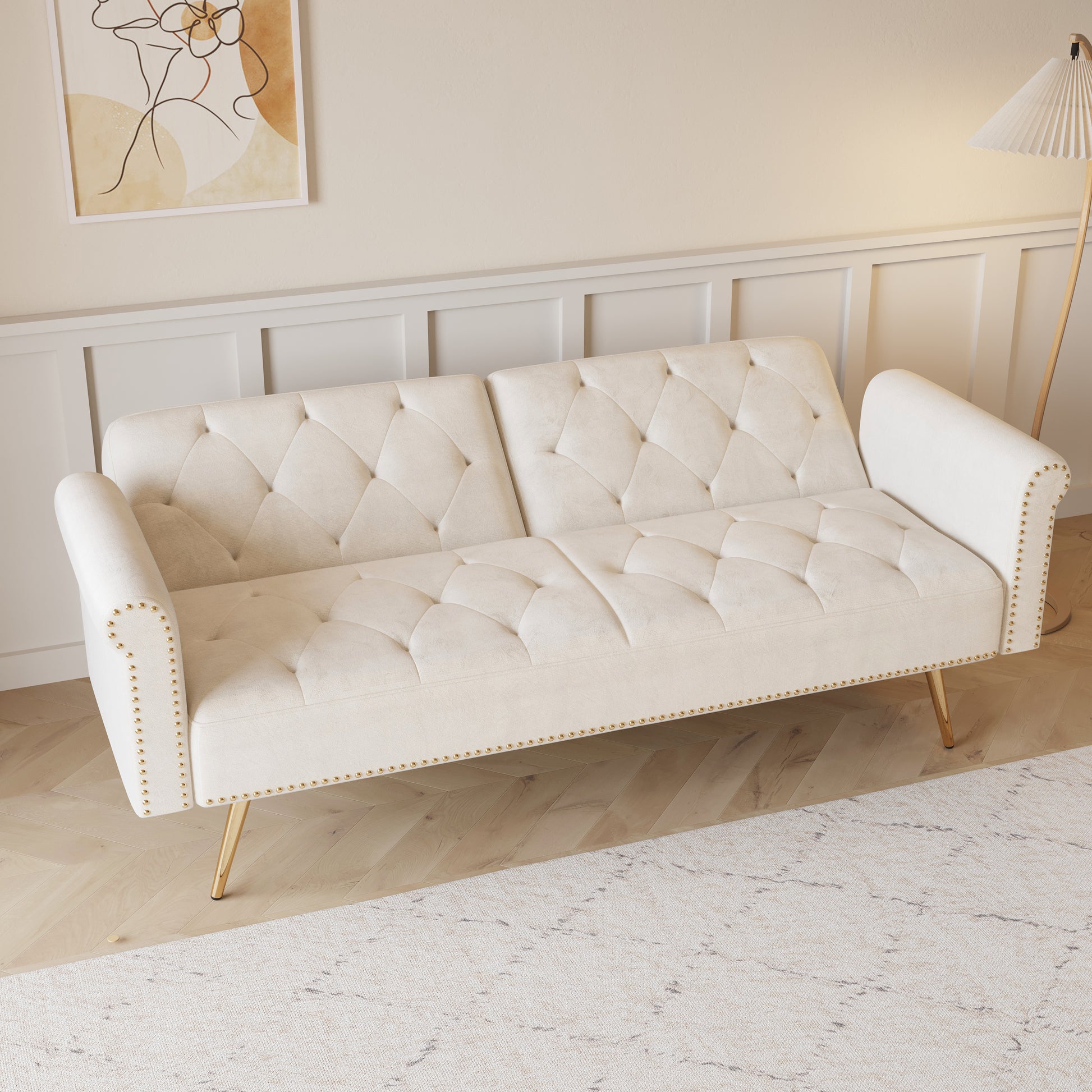 69.7 Inch Beige Velvet Nail Head Sofa Bed With Throw Pillow Beige Velvet 2 Seat