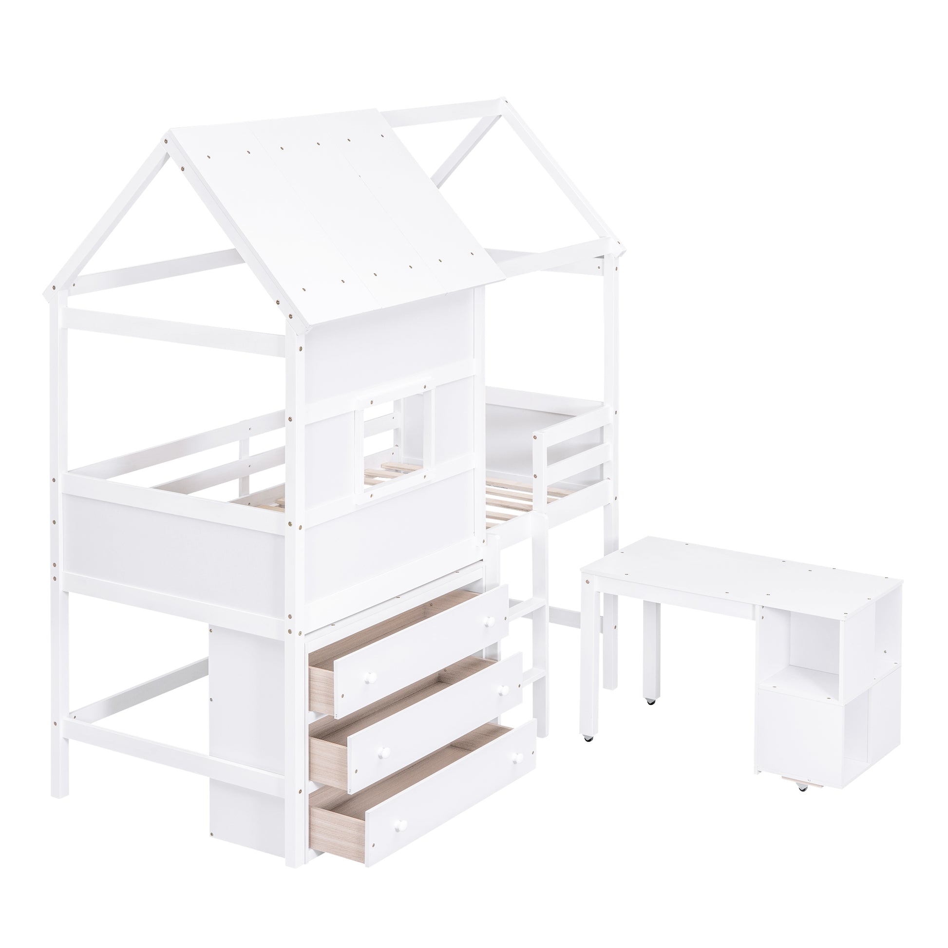 Twin Size House Loft Bed With Storage Desk And 3 Drawer Chest, White Box Spring Not Required Twin White Wood Bedroom Solid Wood Mdf