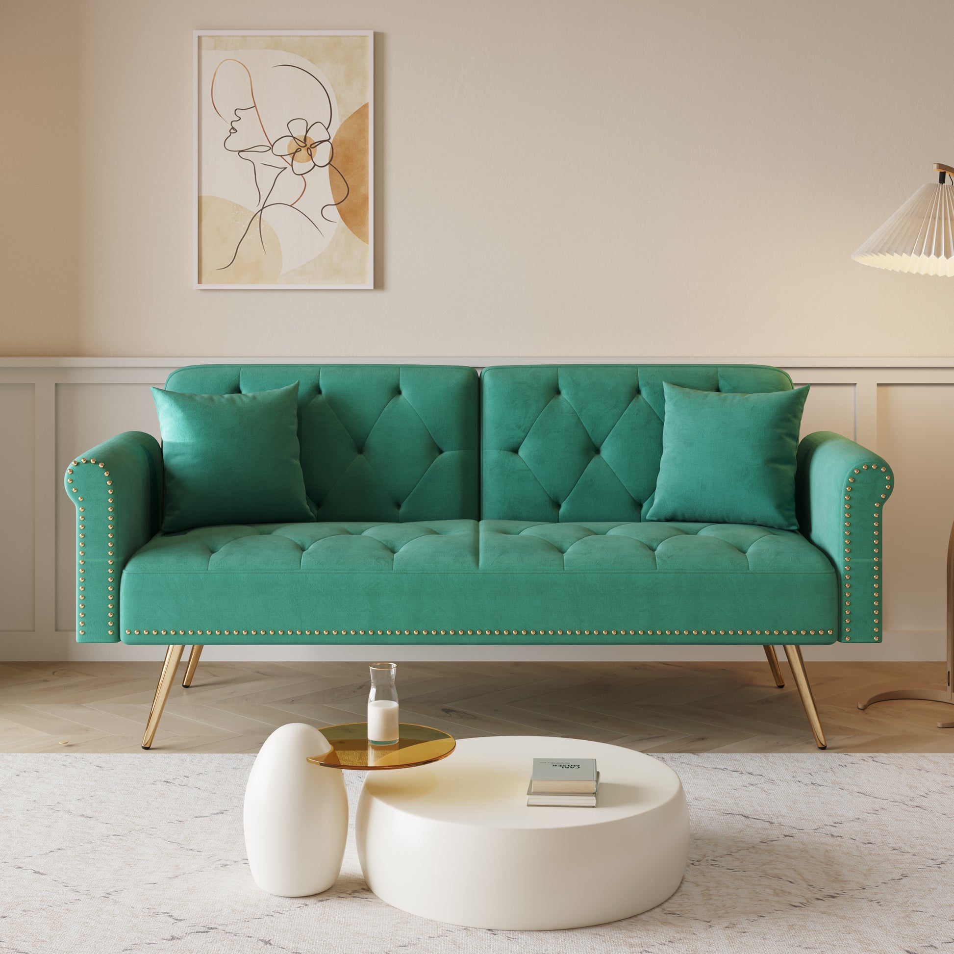 69.7 "Green Velvet Nail Head Sofa Bed With Throw Pillow Green Velvet 2 Seat