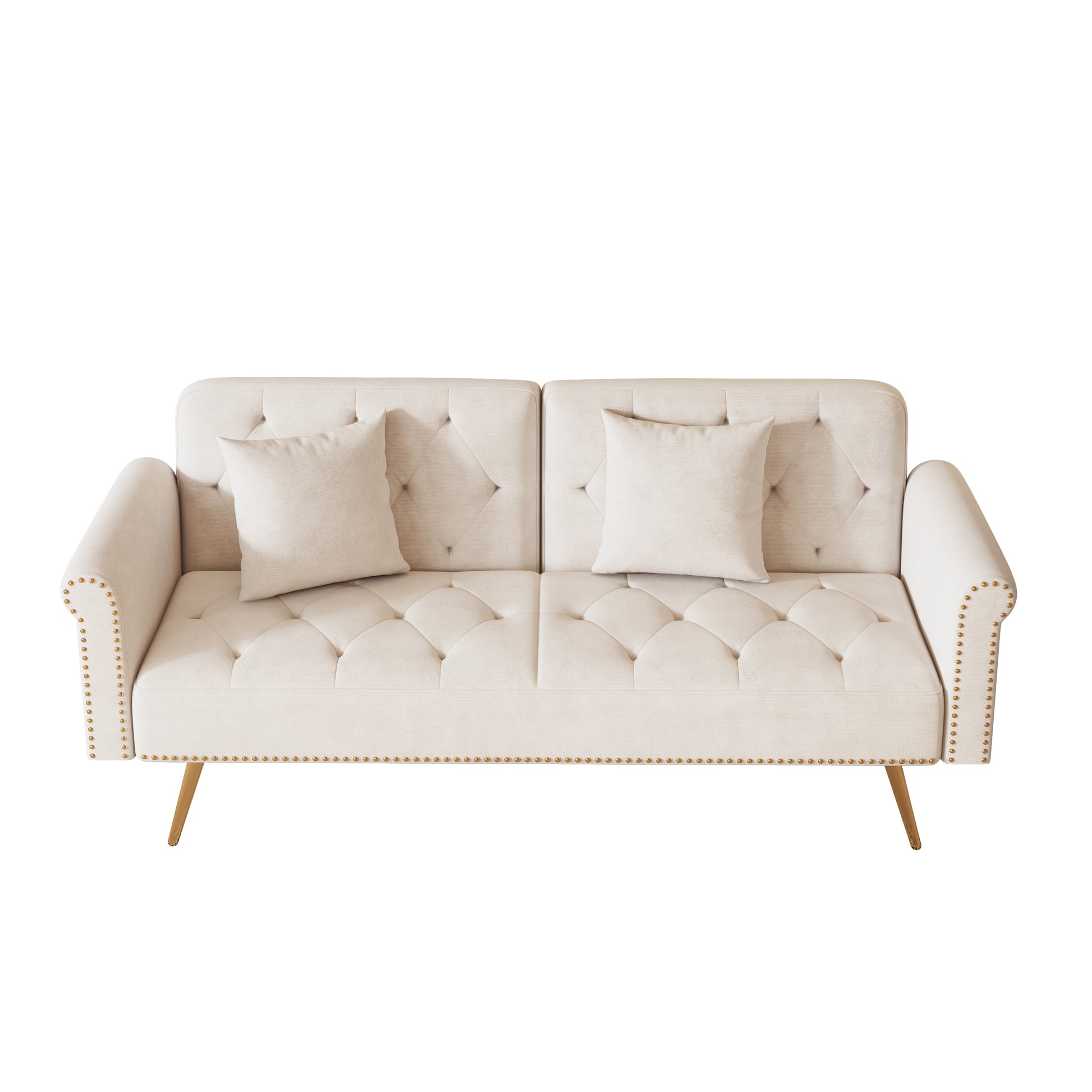 69.7 Inch Beige Velvet Nail Head Sofa Bed With Throw Pillow Beige Velvet 2 Seat