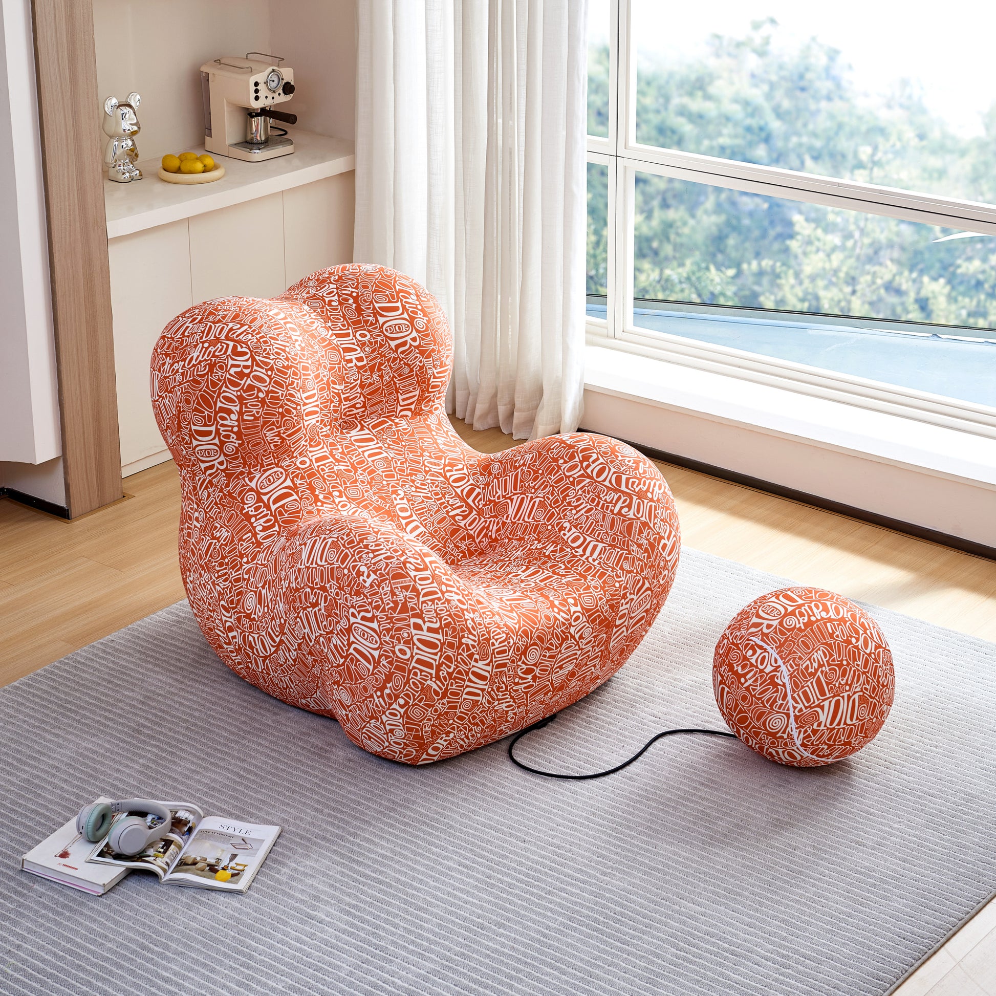 Modern Lazy Chair,Lounge Chair For Adults, Teens, Personal Sofa Chair, Single Lazy Striped Fabric Designer Mama'S Embrace Leisure Chair Dior Orange Orange Foam