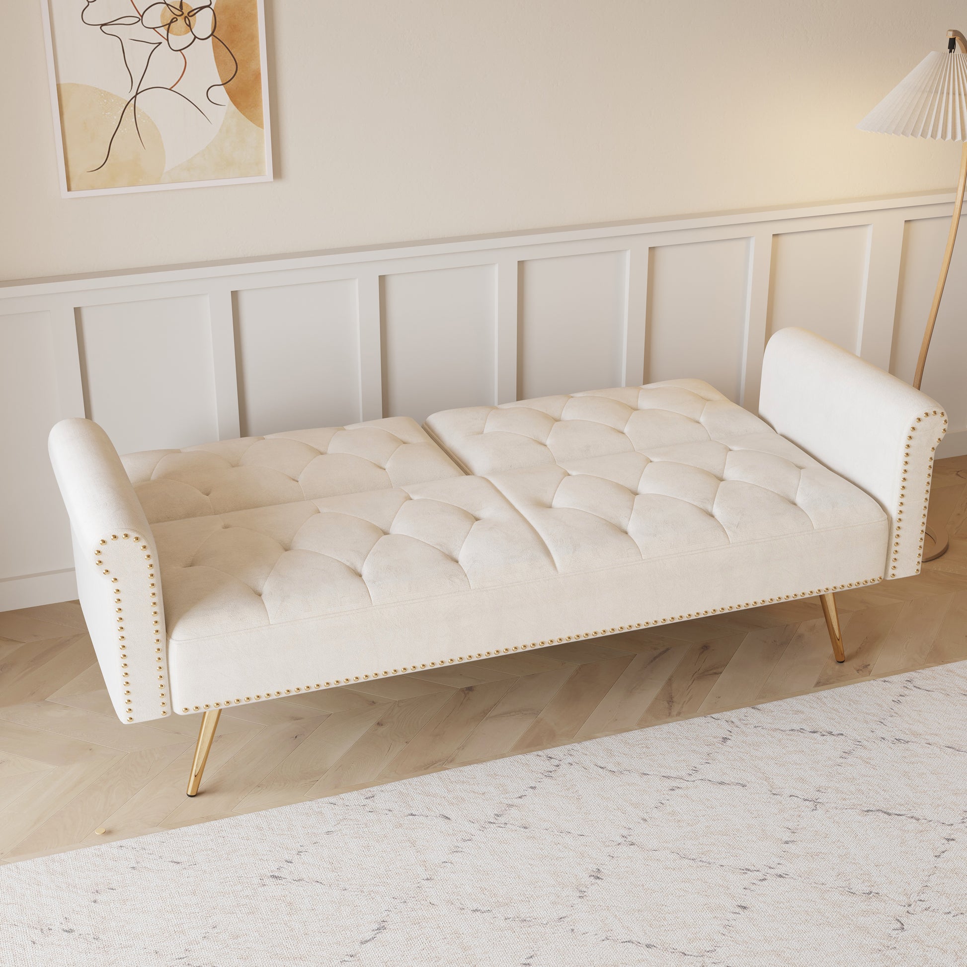 69.7 Inch Beige Velvet Nail Head Sofa Bed With Throw Pillow Beige Velvet 2 Seat
