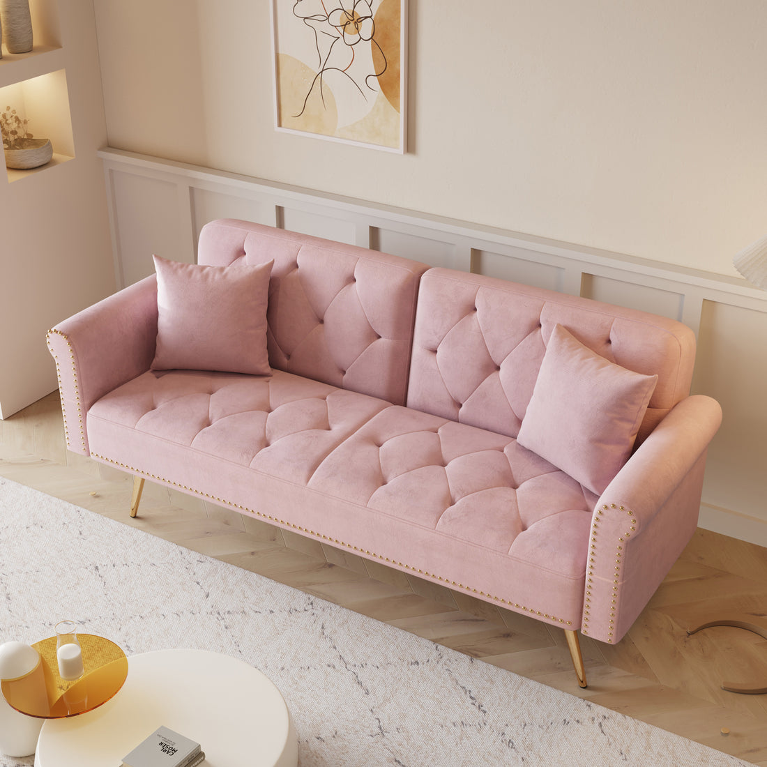 69.7 Inch Pink Velvet Nail Head Sofa Bed With Throw Pillow Pink Velvet 2 Seat