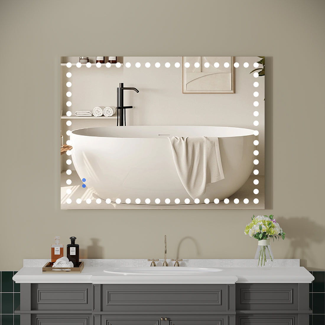 48X36 Inch Led Lit Bathroom Mirror, Wall Mounted Anti Fog Memory Rectangular Vanity Mirror With Tri White Front Circular Light And Touch Sensor Dimmer Switch White Glass