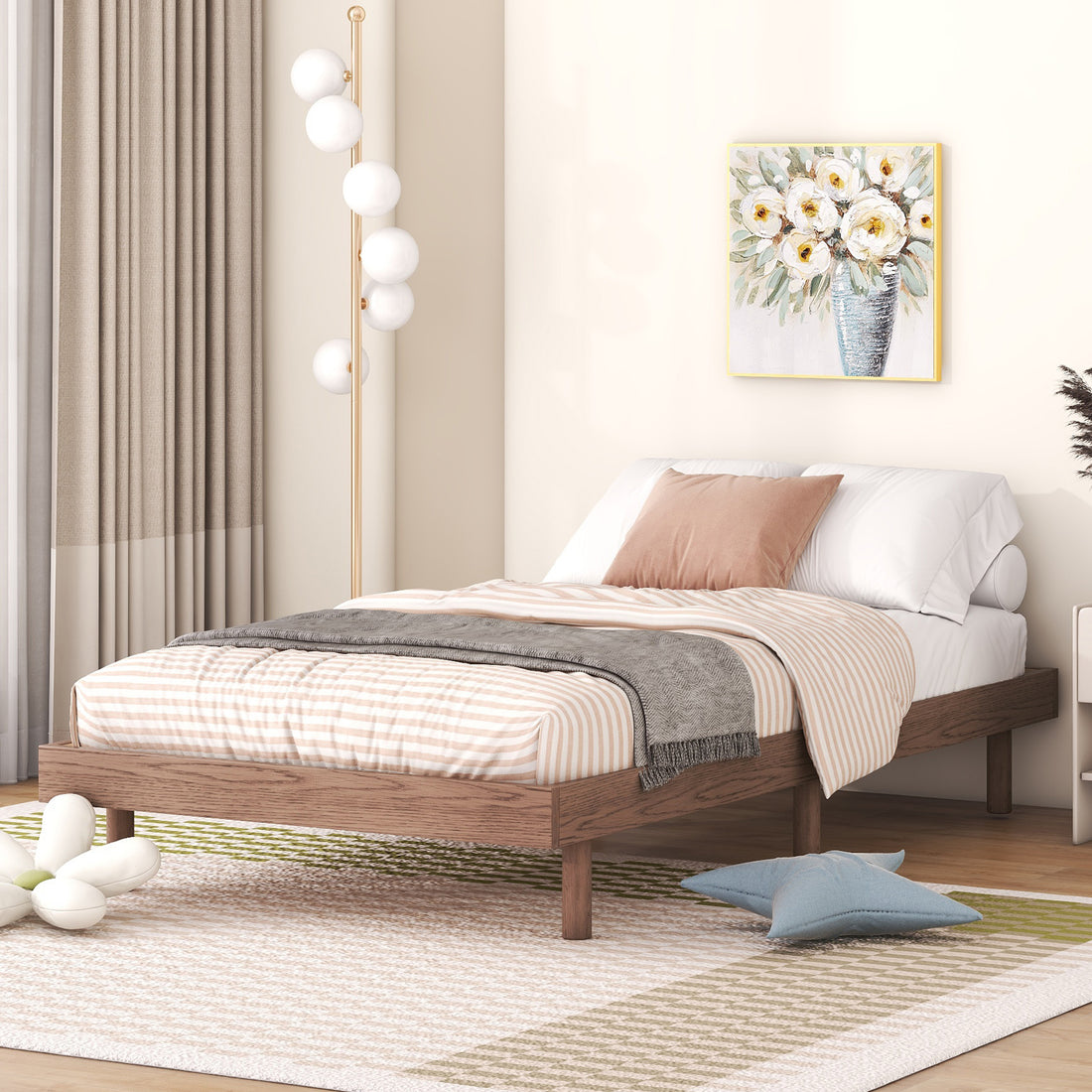 Modern Design Twin Size Floating Platform Bed Frame For Walnut Color Walnut Particle Board