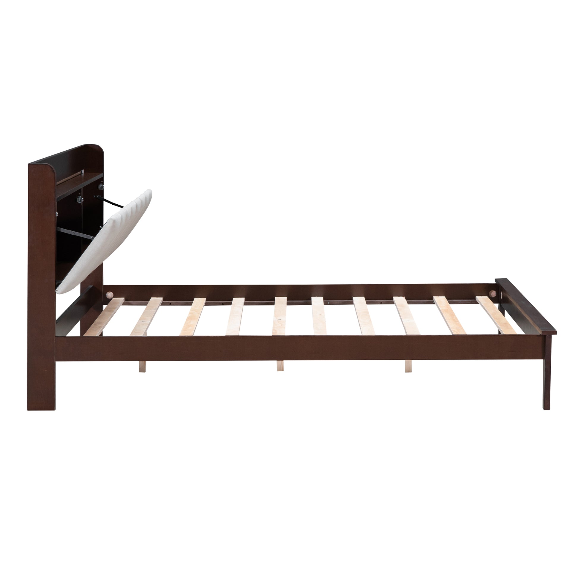 Full Size Platform Bed With Usb Charging Station And Storage Upholstered Headboard,Led Bed Frame,No Box Spring Needed,Walnut Beige Walnut Wood