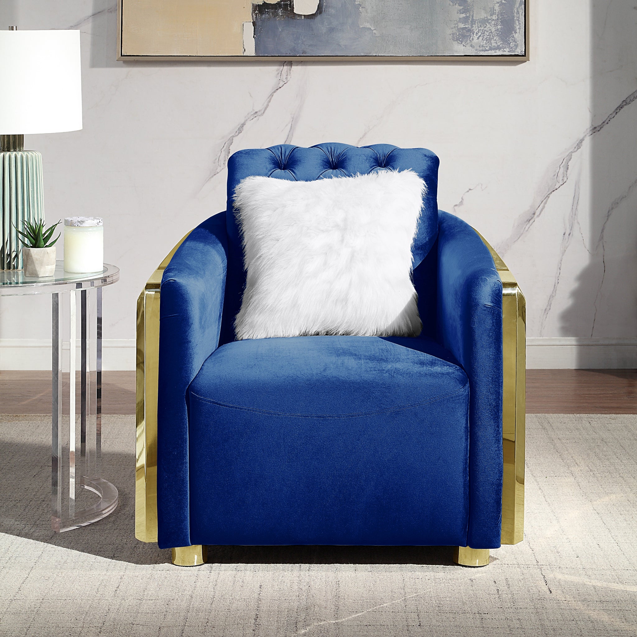 Velvet Stainless Steel Frame Surround Upholstered Armchair Blue Velvet