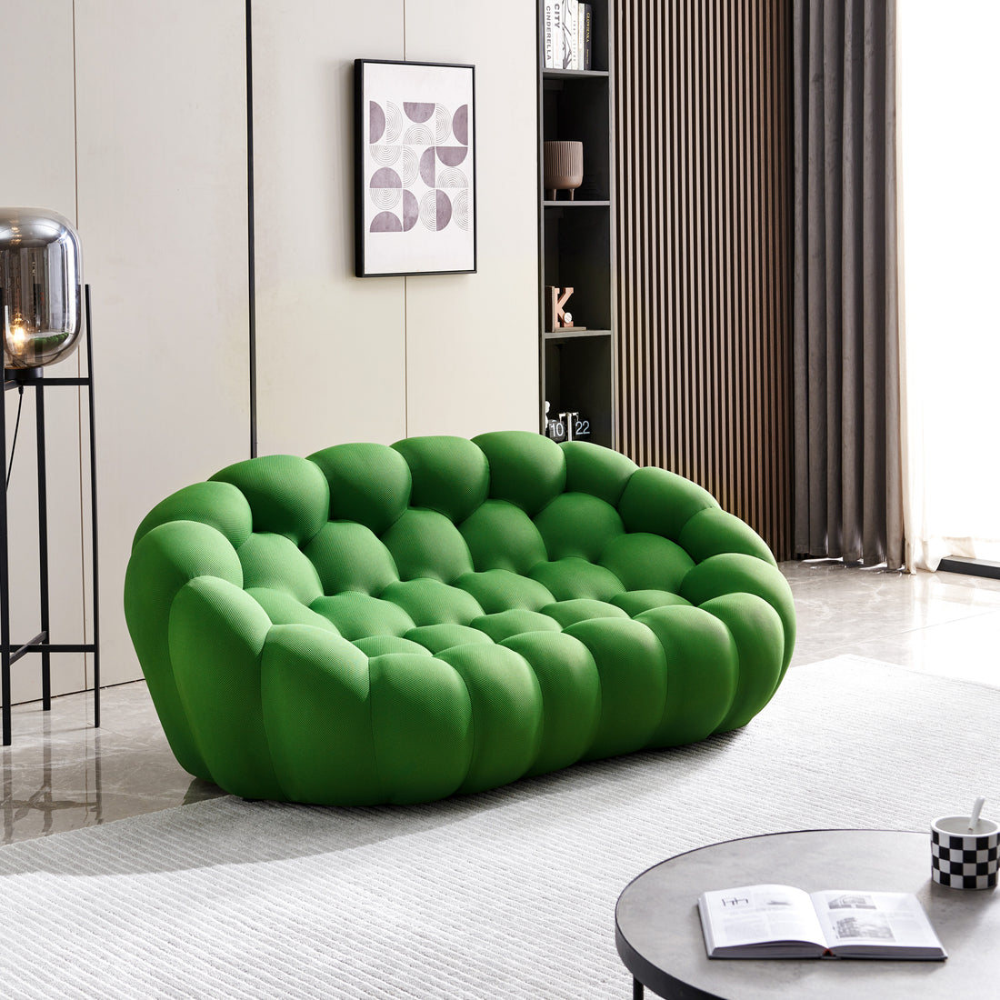 74.8" Modern Loveseat Bubble Sofa Couch, 2 Seater Upholstered Floor Sofa, Honeycomb Shaped Bubble Couch With 3D Textile Mesh Fabric For Living Room Salon, Apartment Green Green Foam