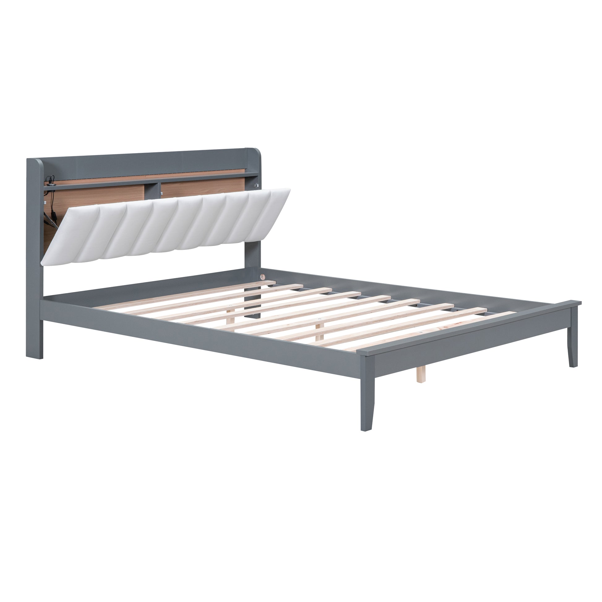 Queen Size Platform Bed With Usb Charging Station And Storage Upholstered Headboard,Led Bed Frame,No Box Spring Needed,Gray White Gray Wood