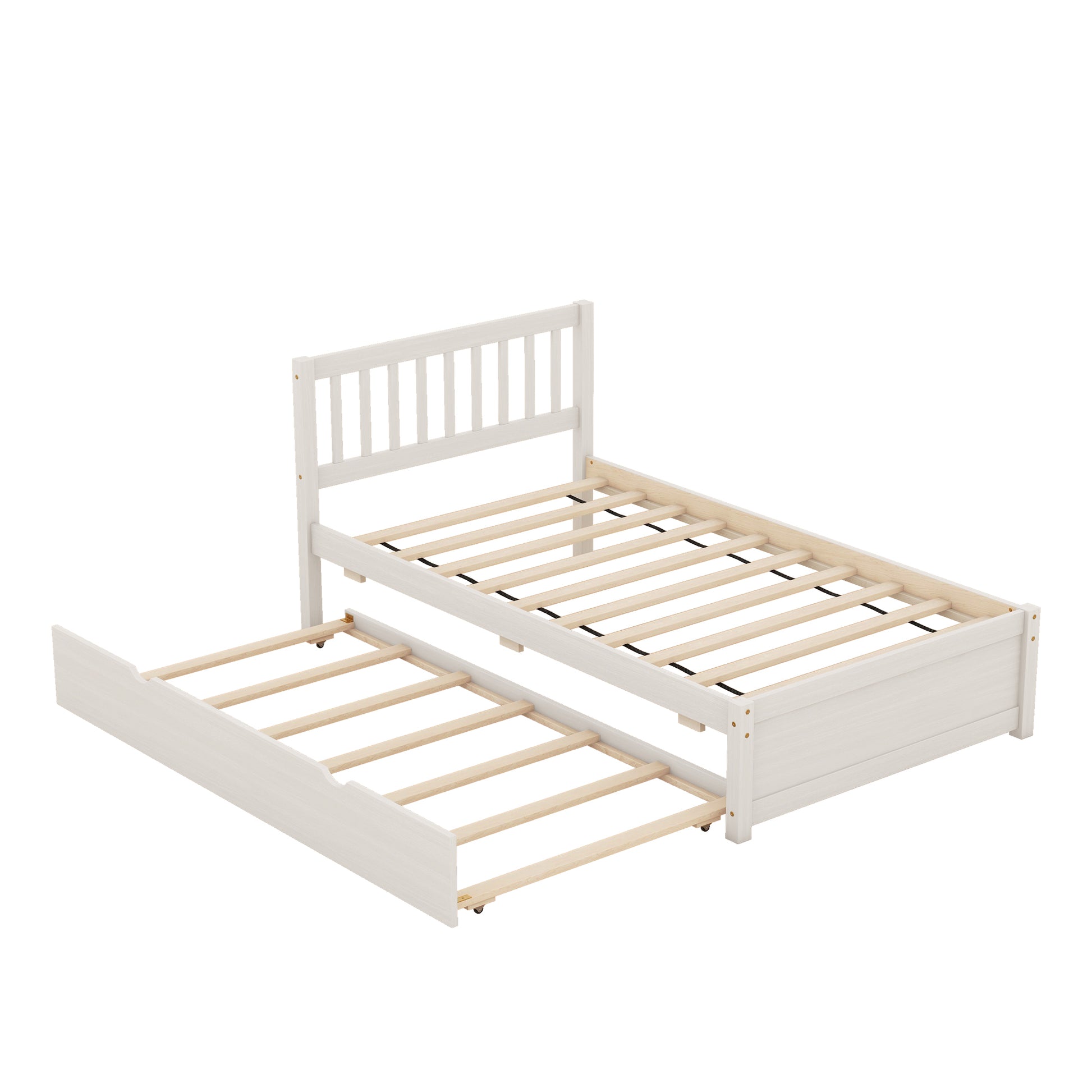 Wooden Twin Size Platform Bed Frame With Trundle For White Washed Color White Washed Rubber Wood