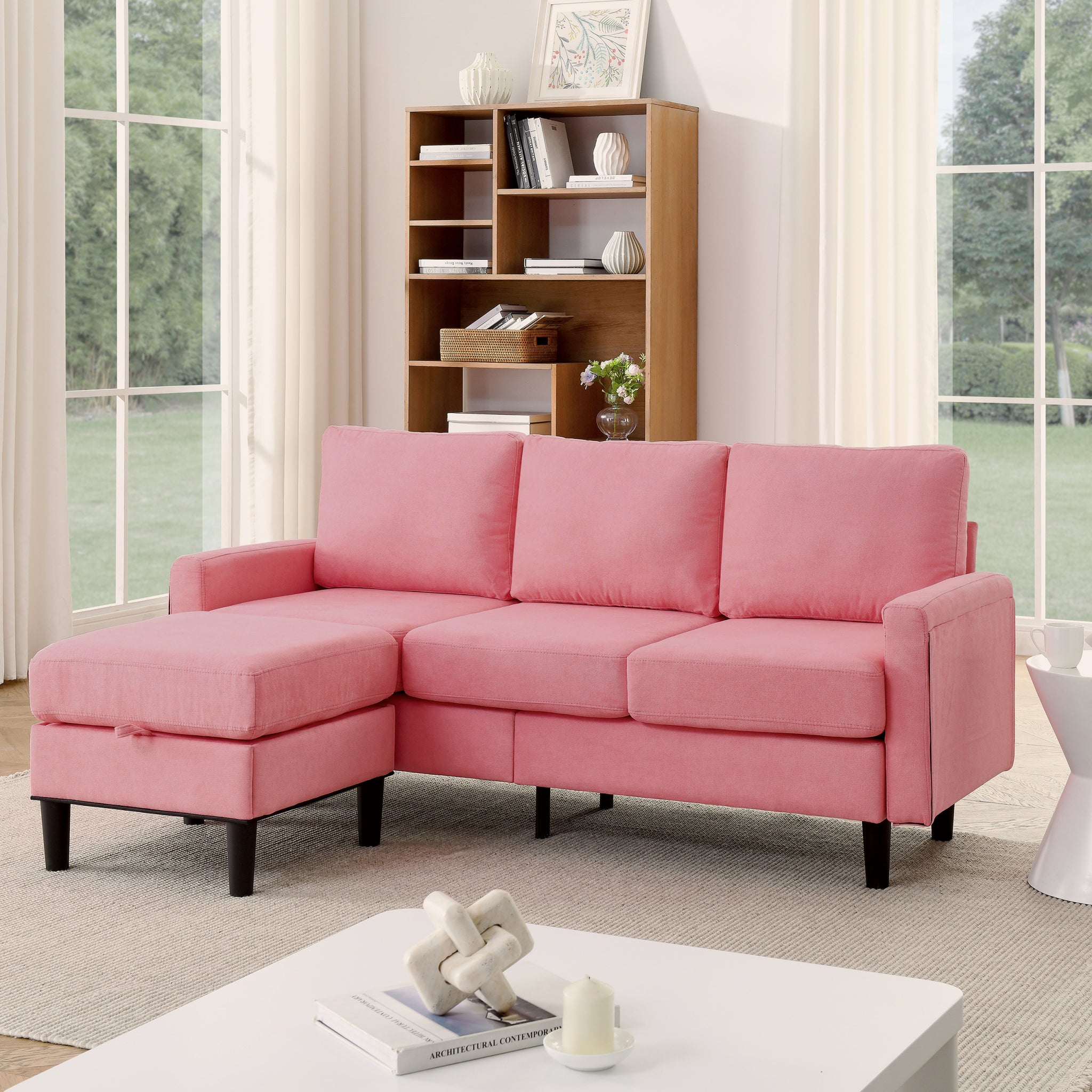 Upholstered Sectional Sofa Couch, L Shaped Couch With Storage Reversible Ottoman Bench 3 Seater For Living Room, Apartment, Compact Spaces, Fabric Pink Pink Wood Primary Living Space Soft Pillow Back Modern Square Arms Foam Solid Wood 4 Seat