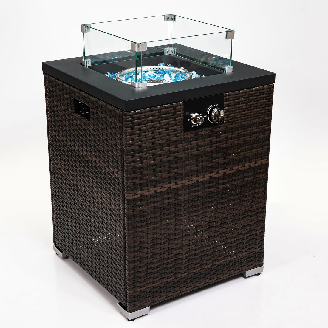 Wicker Fire Pit Column With Glass Wind Guard Dark Brown Wicker