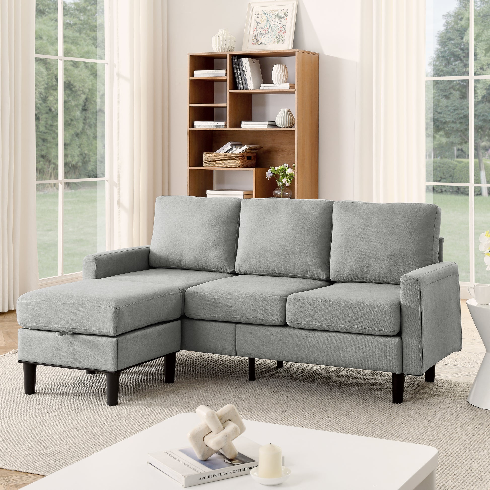 Upholstered Sectional Sofa Couch, L Shaped Couch With Storage Reversible Ottoman Bench 3 Seater For Living Room, Apartment, Compact Spaces, Fabric Light Gray Light Gray Wood Primary Living Space Soft Pillow Back Modern Square Arms Foam Solid Wood 4 Seat