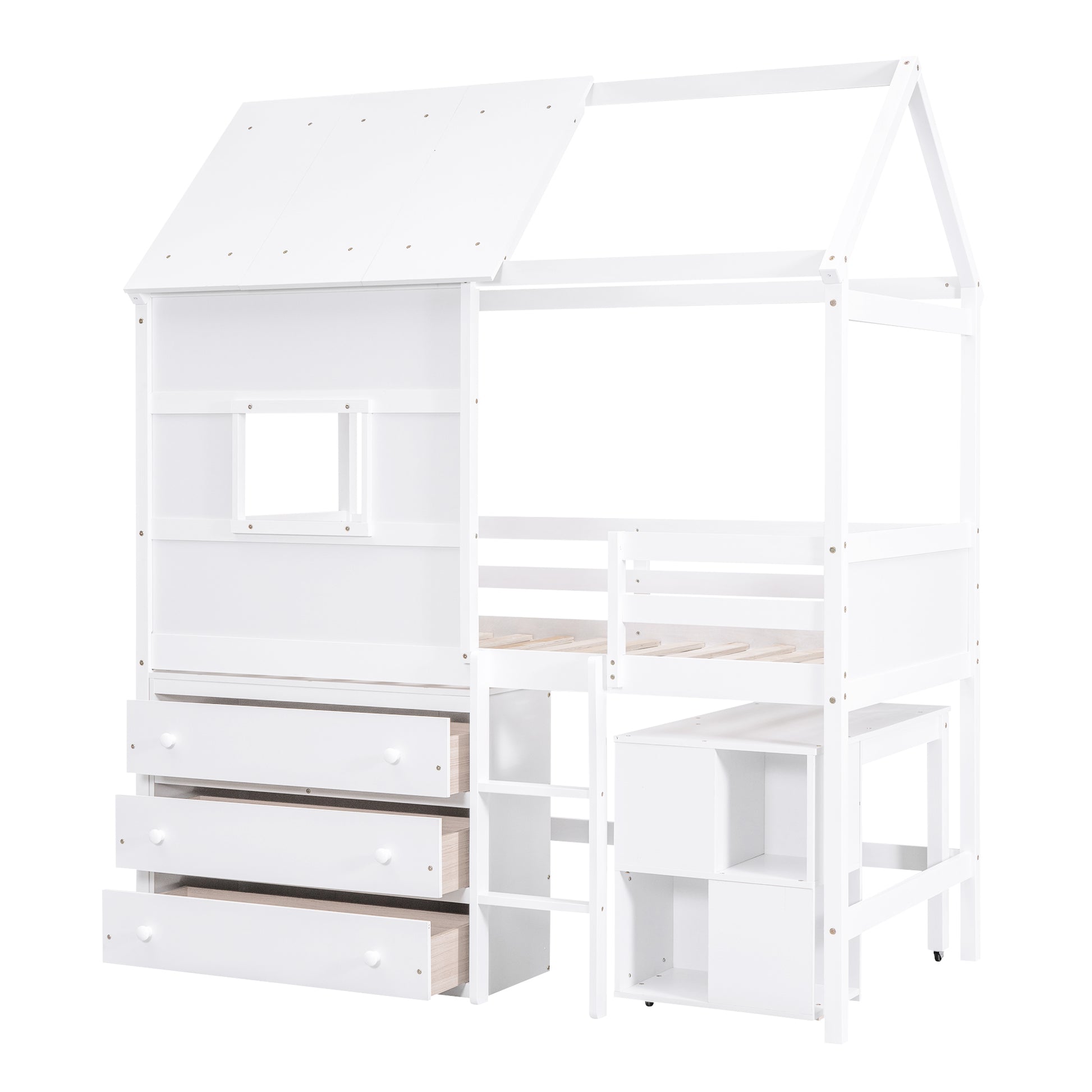 Twin Size House Loft Bed With Storage Desk And 3 Drawer Chest, White Box Spring Not Required Twin White Wood Bedroom Solid Wood Mdf