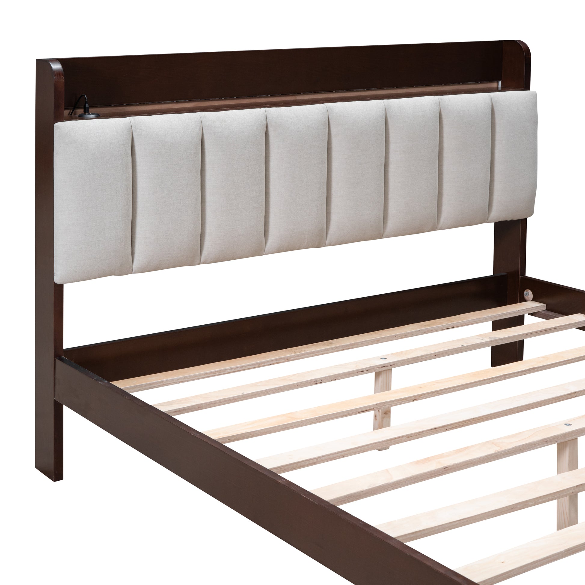 Full Size Platform Bed With Usb Charging Station And Storage Upholstered Headboard,Led Bed Frame,No Box Spring Needed,Walnut Beige Walnut Wood