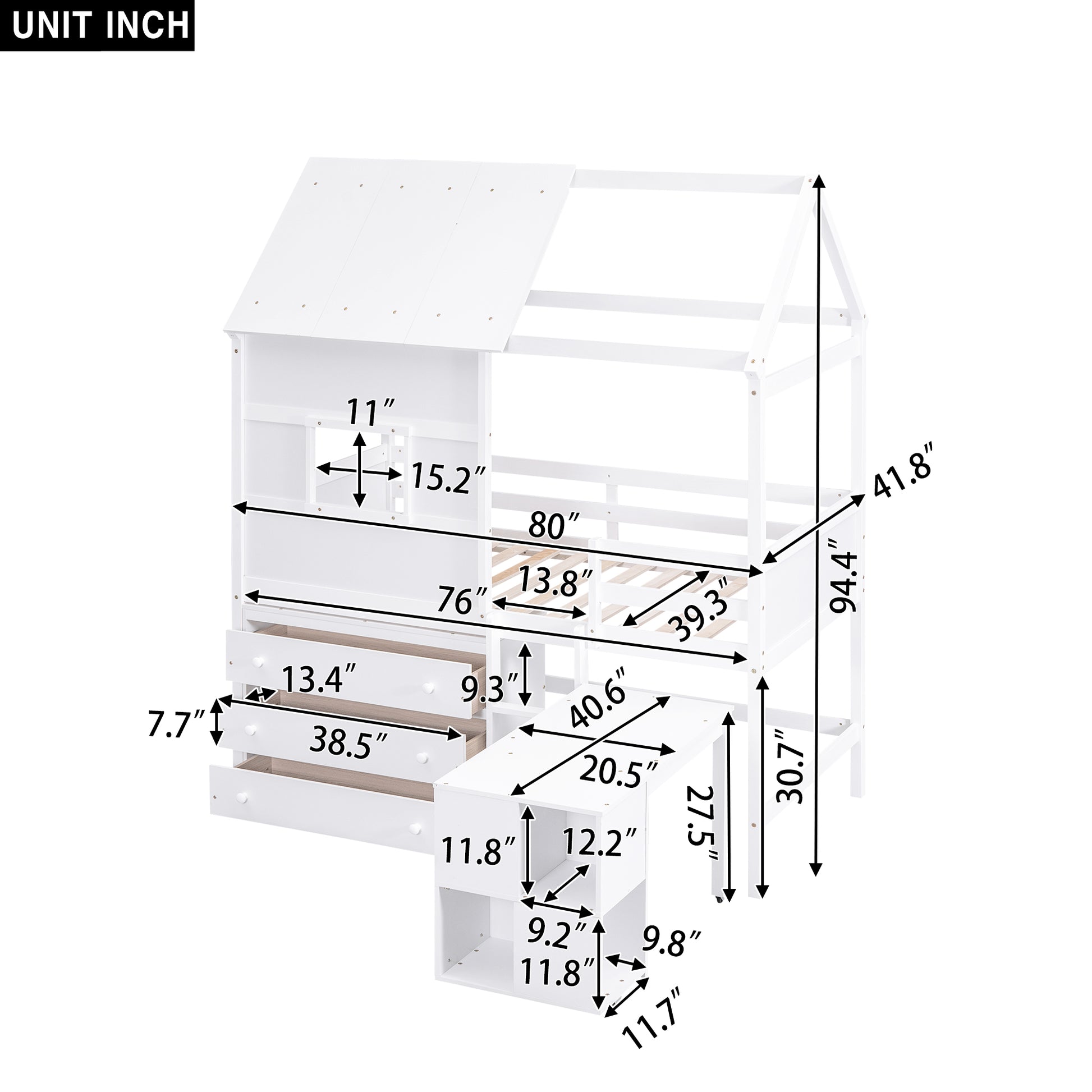 Twin Size House Loft Bed With Storage Desk And 3 Drawer Chest, White Box Spring Not Required Twin White Wood Bedroom Solid Wood Mdf