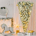 6 Ft Upside Down Christmas Tree With White Flocking, 360 Led Warm Lights X Mas And 8 Lden Star Decorations White Green Pvc