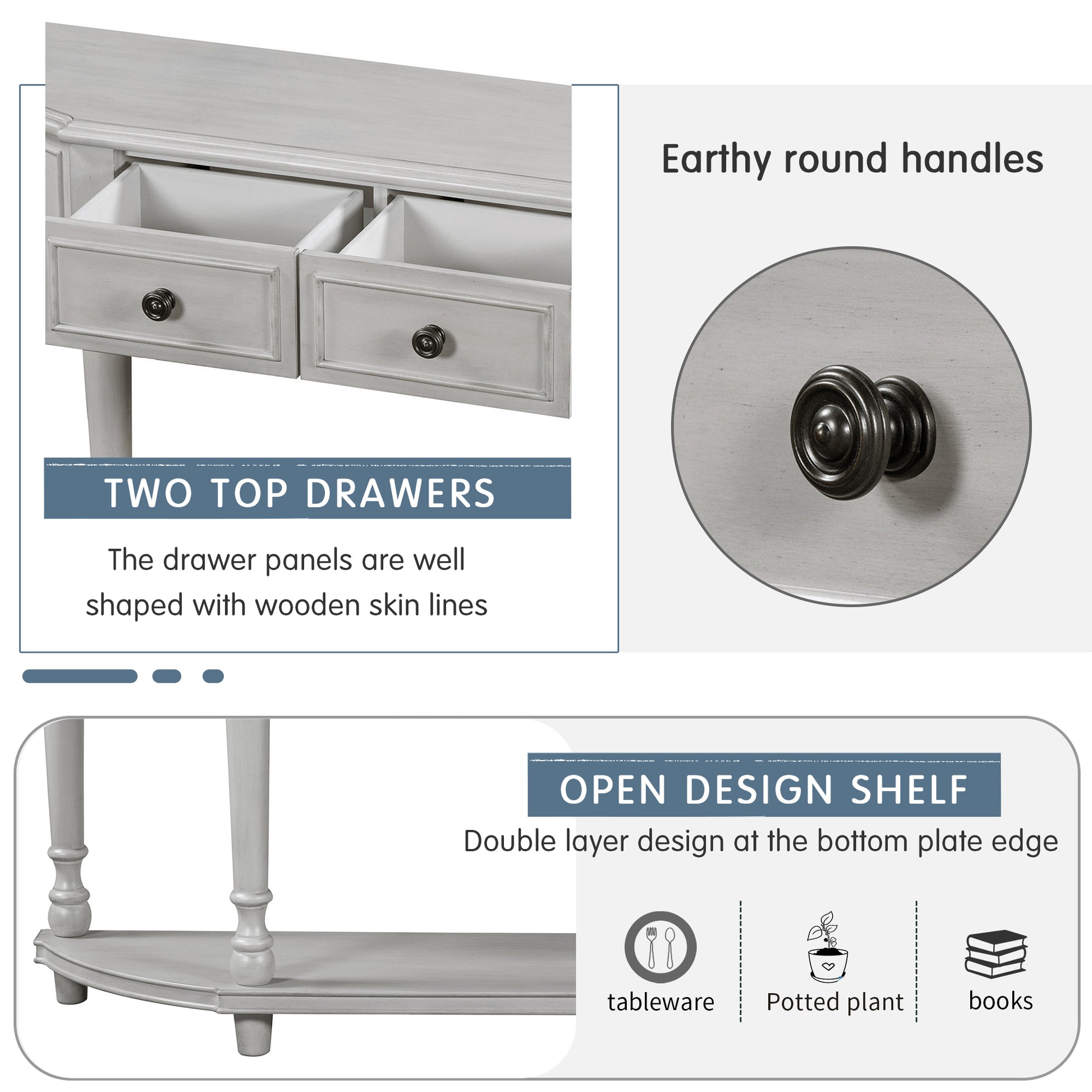 Retro Circular Curved Design Console Table With Open Style Shelf Solid Wooden Frame And Legs Two Top Drawers Gray Wash, Old Sku: Wf298768Aae Gray Wash Solid Wood