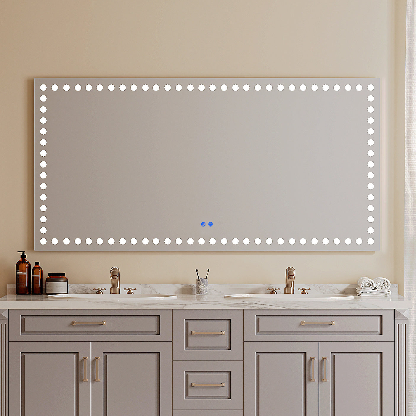 72X36 Inch Led Lit Bathroom Mirror, Wall Mounted Anti Fog Memory Rectangular Vanity Mirror With Tri White Front Circular Light And Touch Sensor Dimmer Switch White Glass