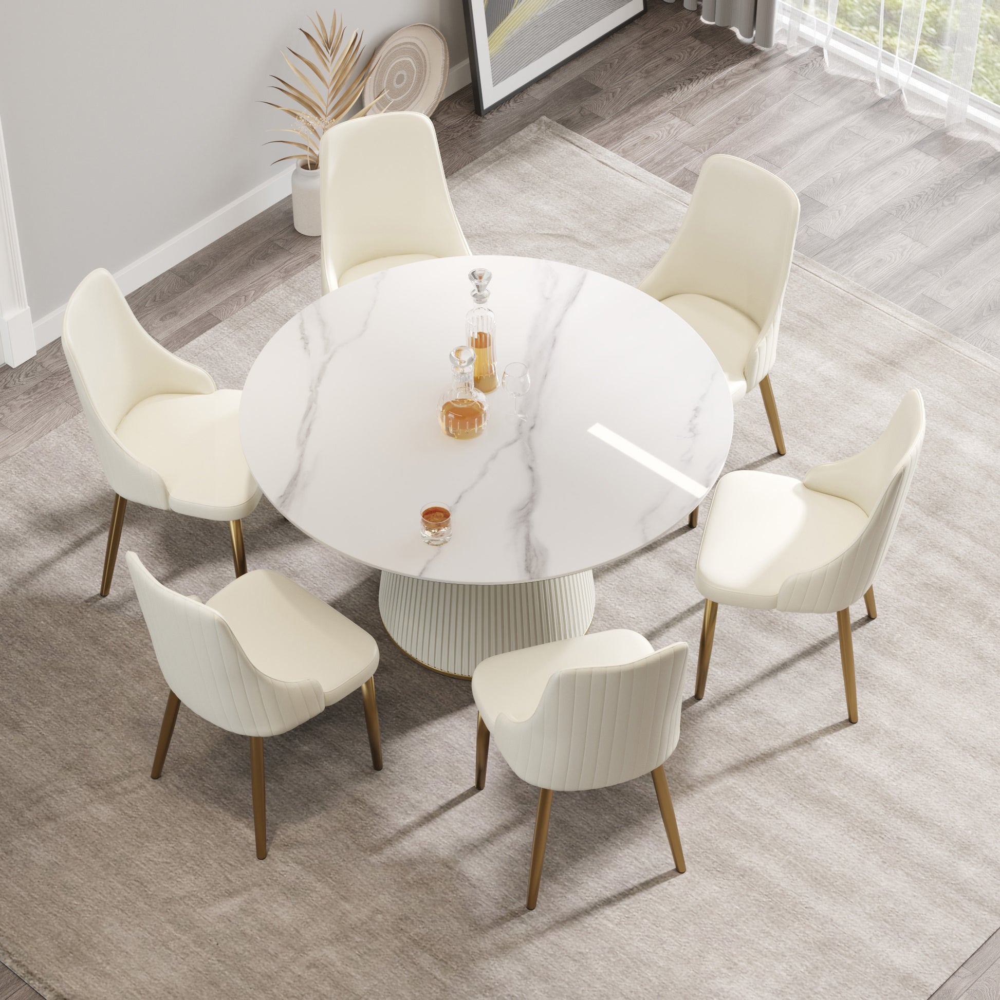 53.15 "Modern White Artificial Stone Round Beige Plywood Pu Base Dining Table Can Accommodate 6 People. Not Including Chairs. White Dining Room Plywood Sintered Stone