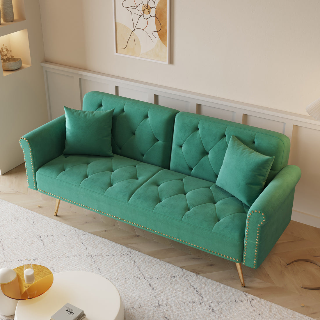 69.7 "Green Velvet Nail Head Sofa Bed With Throw Pillow Green Velvet 2 Seat