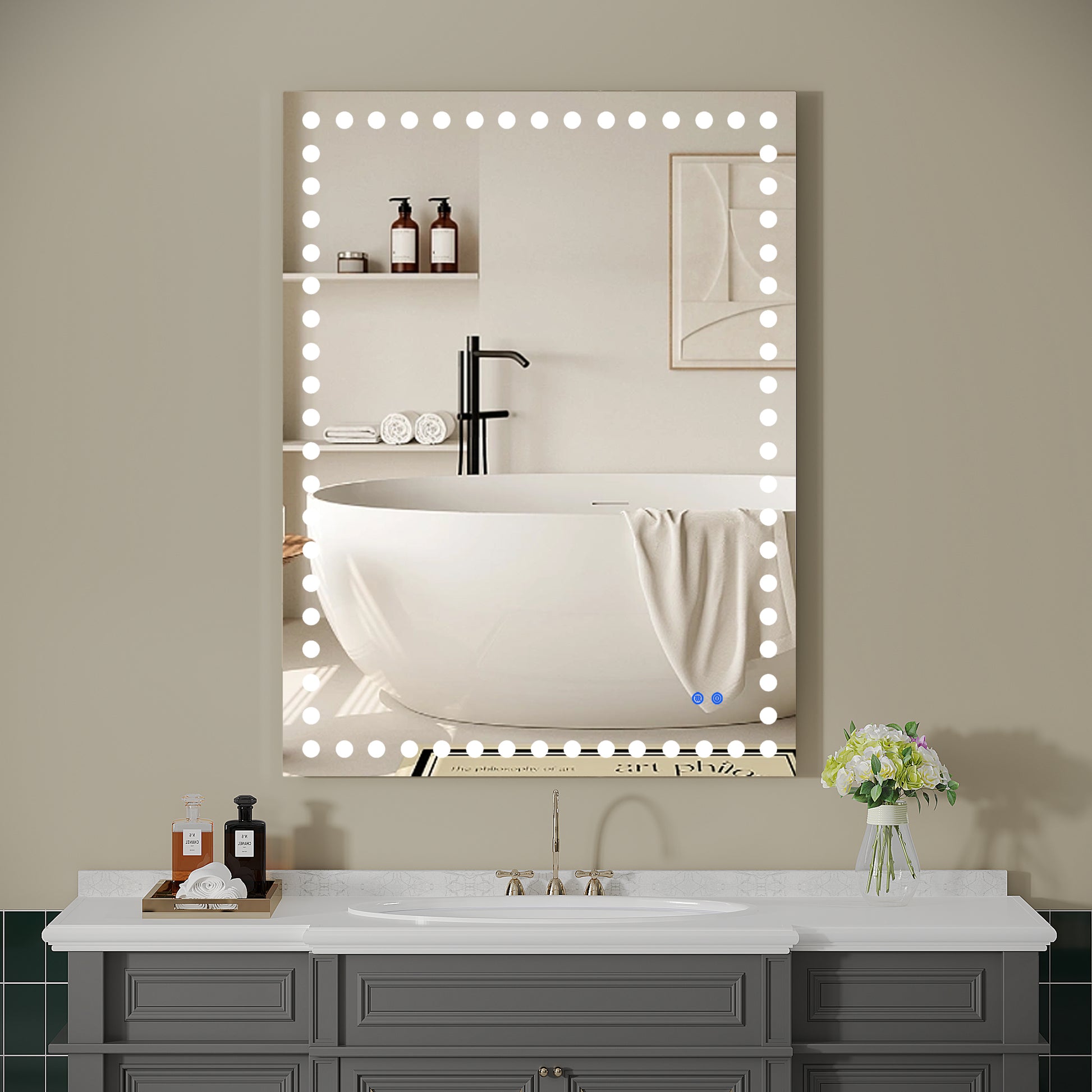 48X36 Inch Led Lit Bathroom Mirror, Wall Mounted Anti Fog Memory Rectangular Vanity Mirror With Tri White Front Circular Light And Touch Sensor Dimmer Switch White Glass