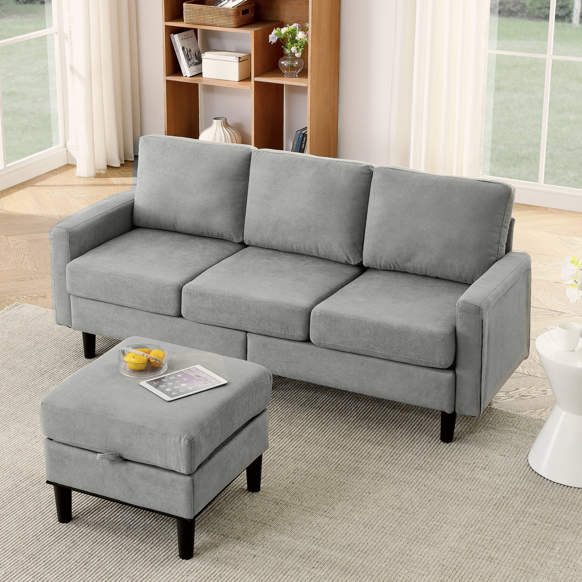 Upholstered Sectional Sofa Couch, L Shaped Couch With Storage Reversible Ottoman Bench 3 Seater For Living Room, Apartment, Compact Spaces, Fabric Light Gray Light Gray Wood Primary Living Space Soft Pillow Back Modern Square Arms Foam Solid Wood 4 Seat