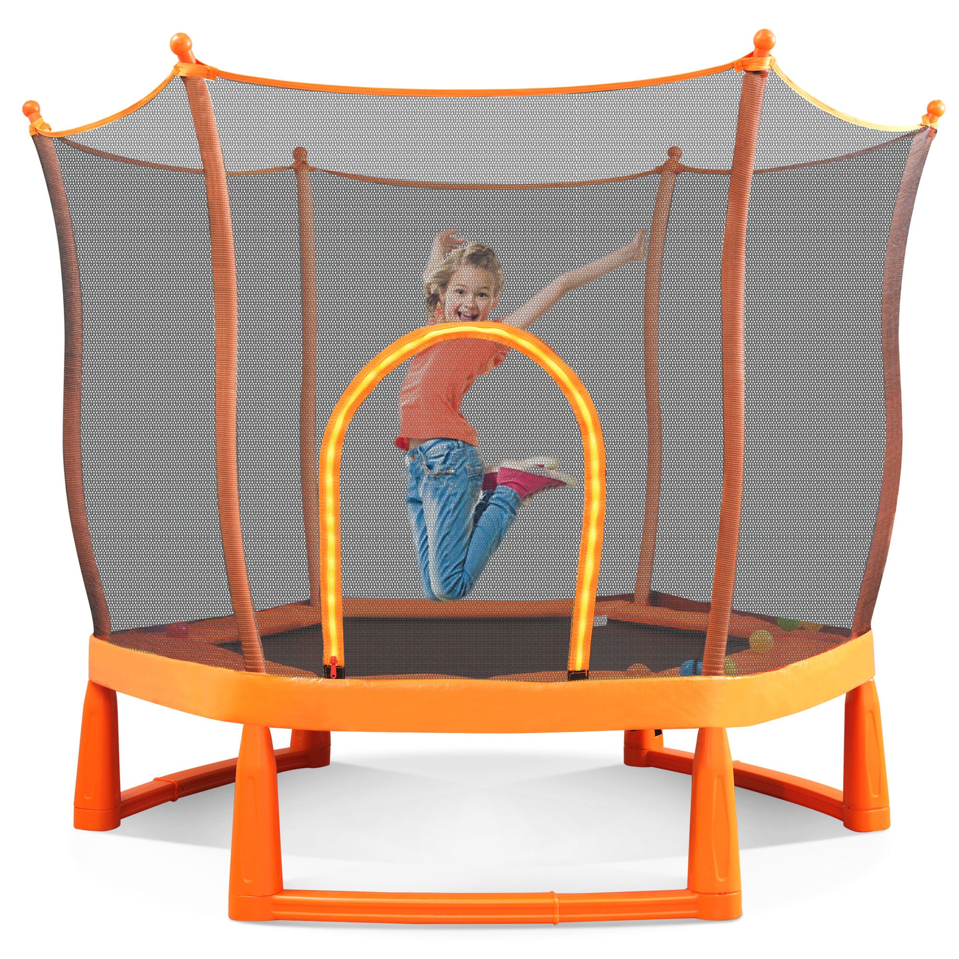 6Ft Toddlers Trampoline With Safety Enclosure Net And Ocean Balls, Fully Protected Indoor Trampoline And Ball Pit Balls For Kids, Easy Assembly Lotus Shape For Spaciousness Orange Metal