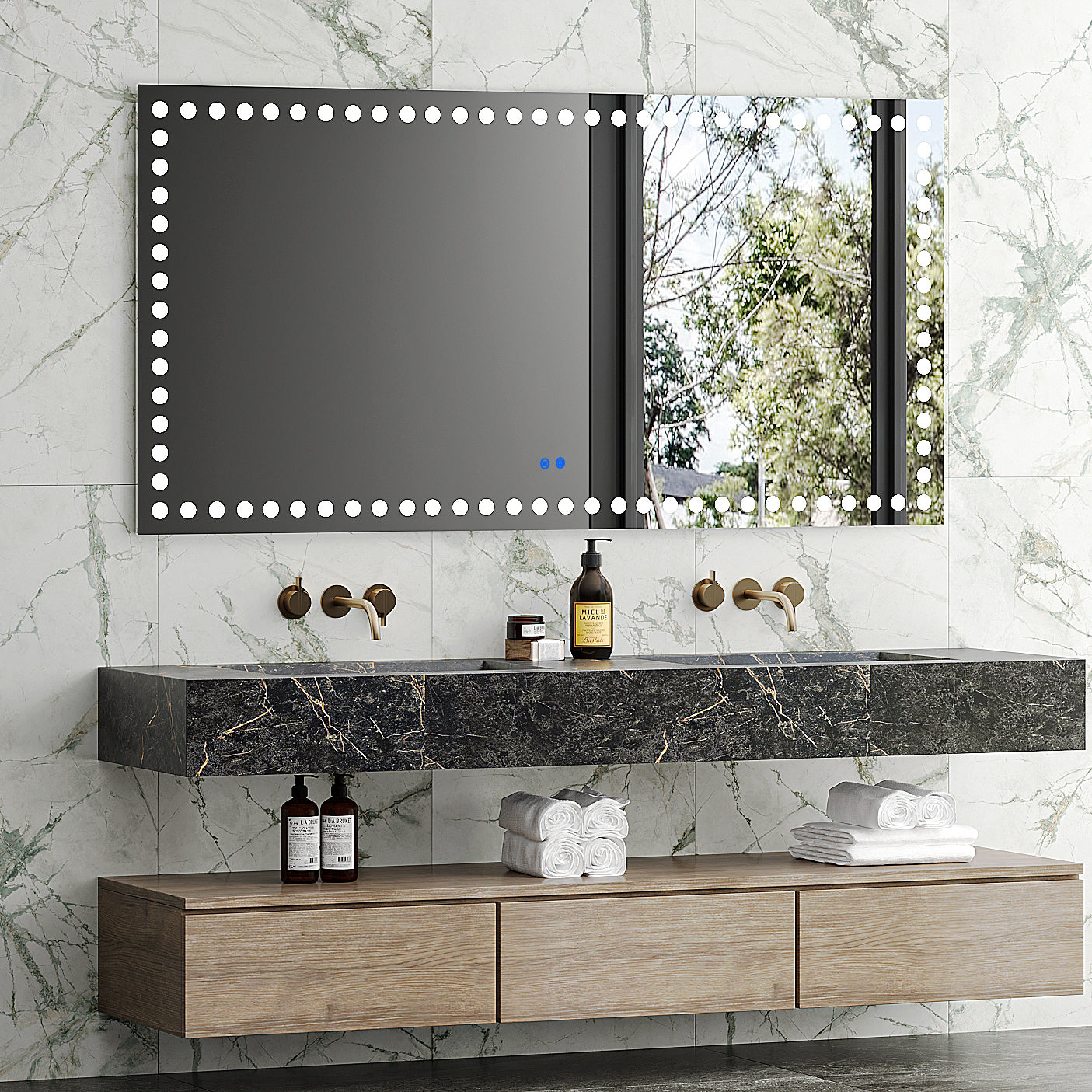 72X36 Inch Led Lit Bathroom Mirror, Wall Mounted Anti Fog Memory Rectangular Vanity Mirror With Tri White Front Circular Light And Touch Sensor Dimmer Switch White Glass