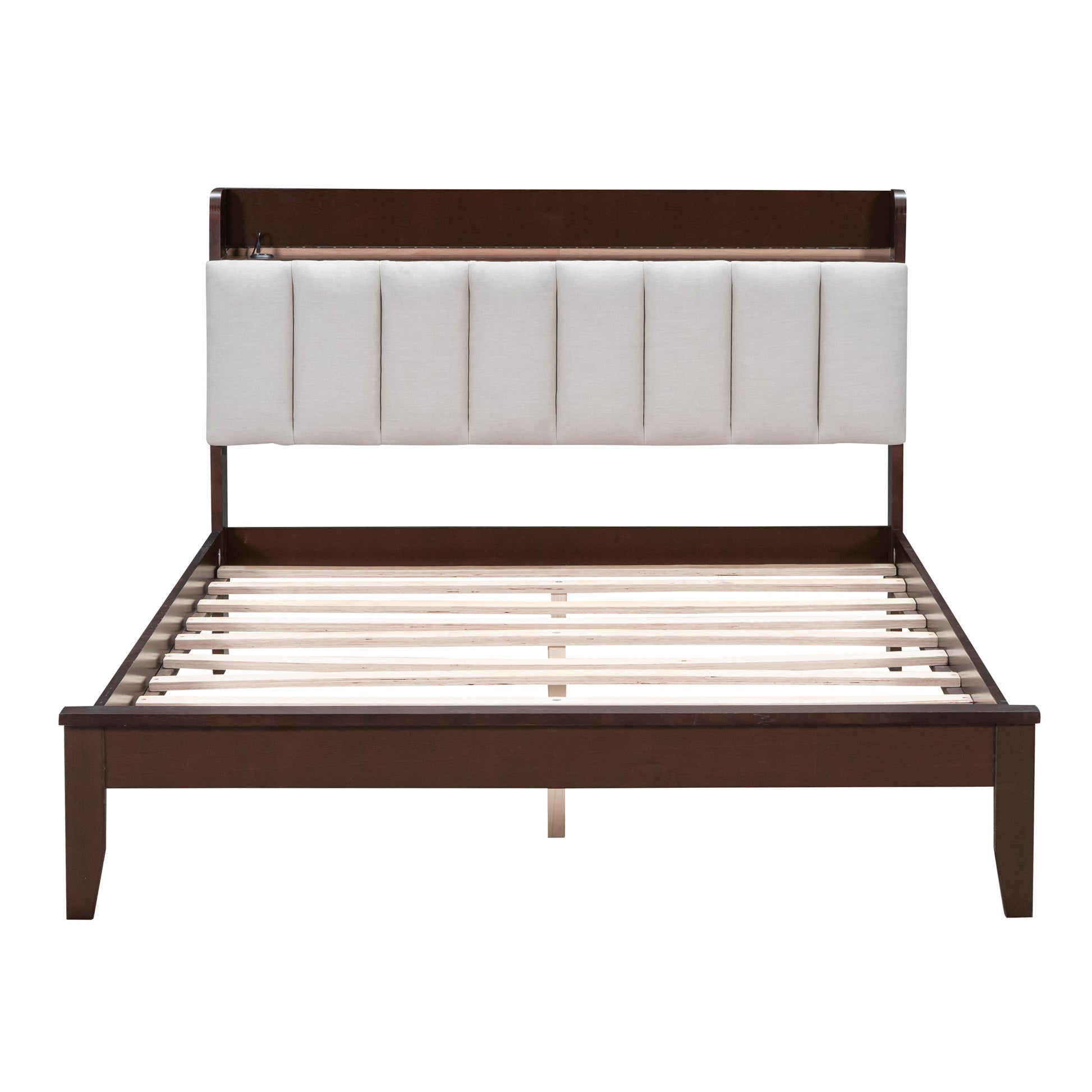 Full Size Platform Bed With Usb Charging Station And Storage Upholstered Headboard,Led Bed Frame,No Box Spring Needed,Walnut Beige Walnut Wood