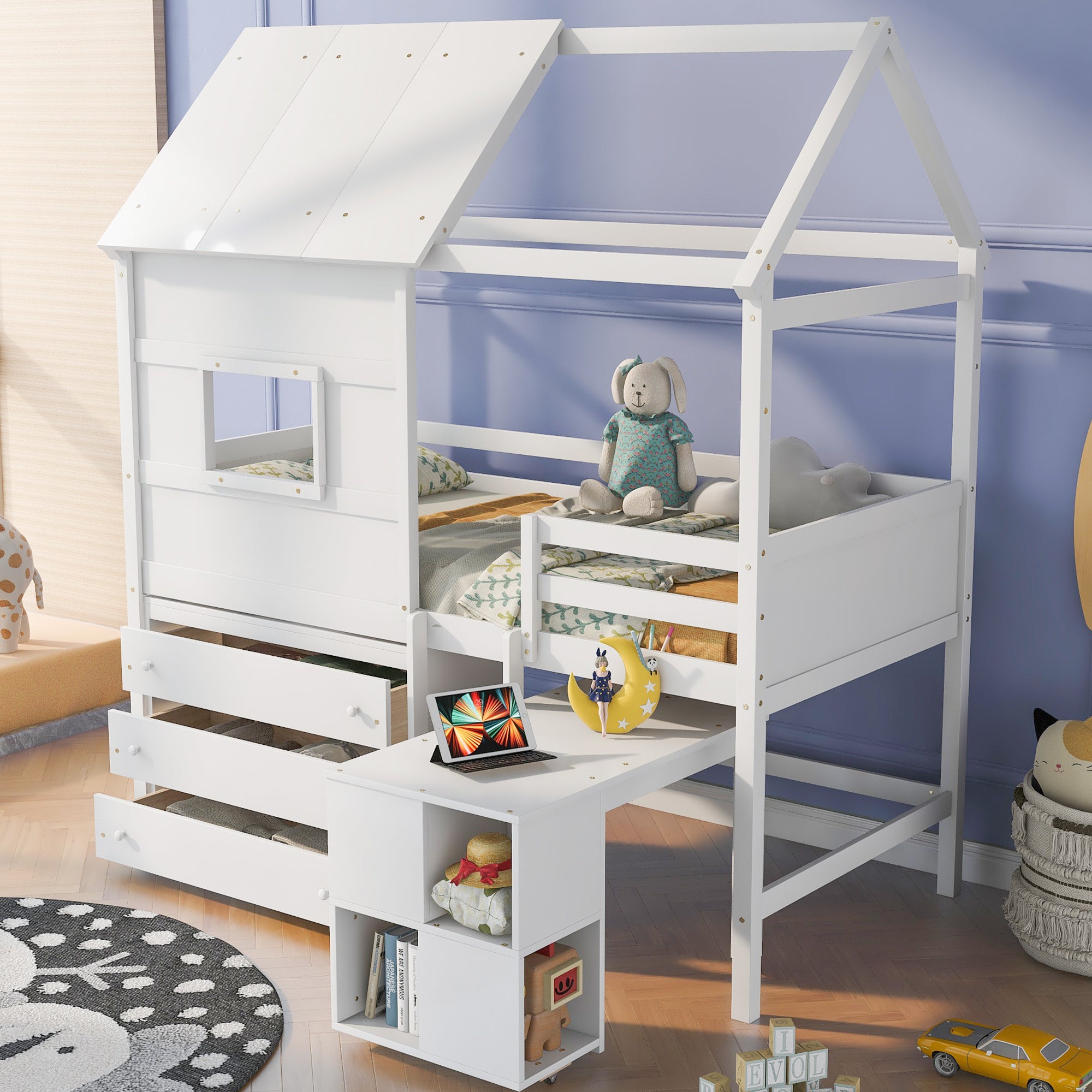 Twin Size House Loft Bed With Storage Desk And 3 Drawer Chest, White Box Spring Not Required Twin White Wood Bedroom Solid Wood Mdf