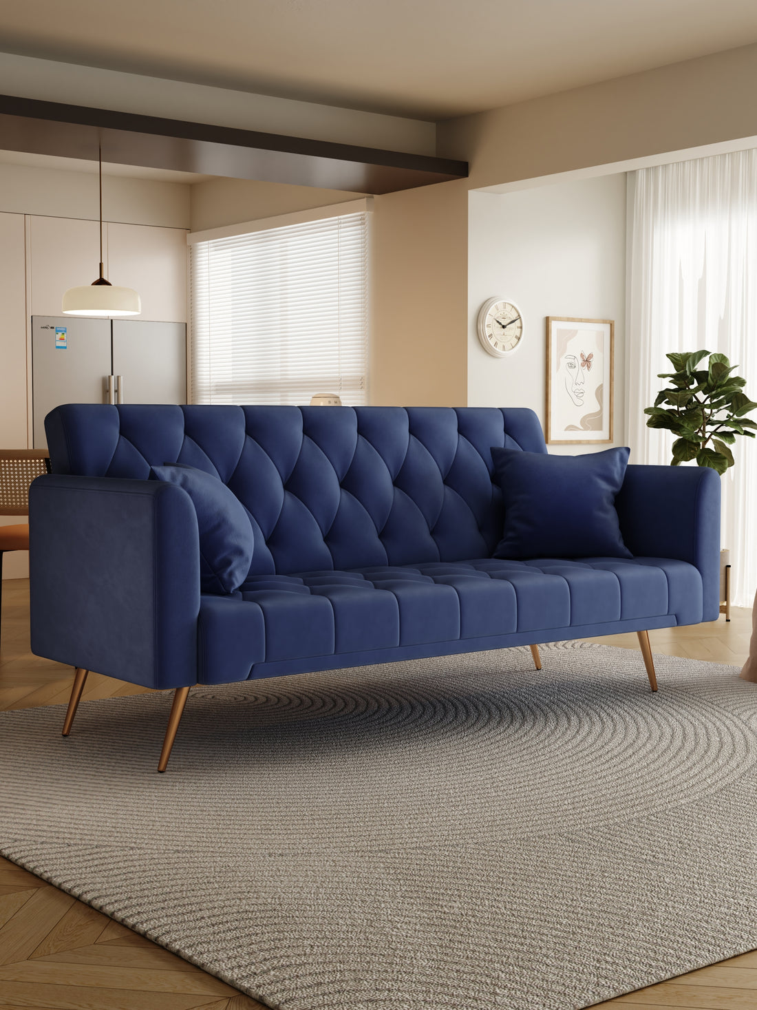 71" Convertible Double Folding Living Room Sofa Bed Blue Velvet 2 Seat