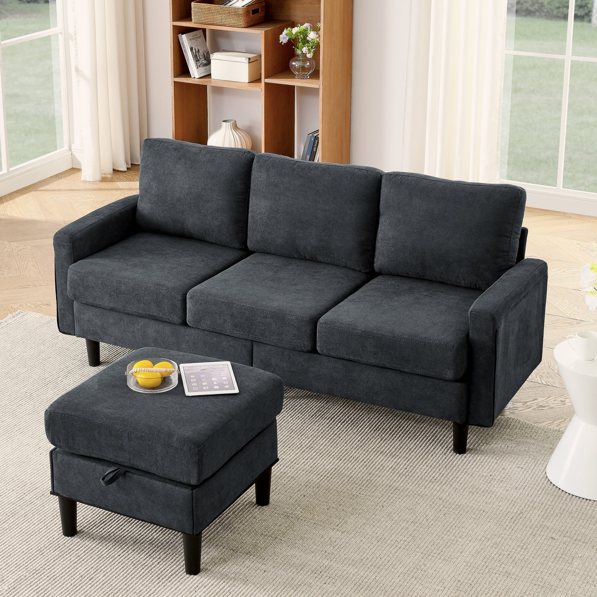 Upholstered Sectional Sofa Couch, L Shaped Couch With Storage Reversible Ottoman Bench 3 Seater For Living Room, Apartment, Compact Spaces, Fabric Dark Gray Dark Gray Wood Primary Living Space Soft Pillow Back Modern Square Arms Foam Solid Wood 4 Seat