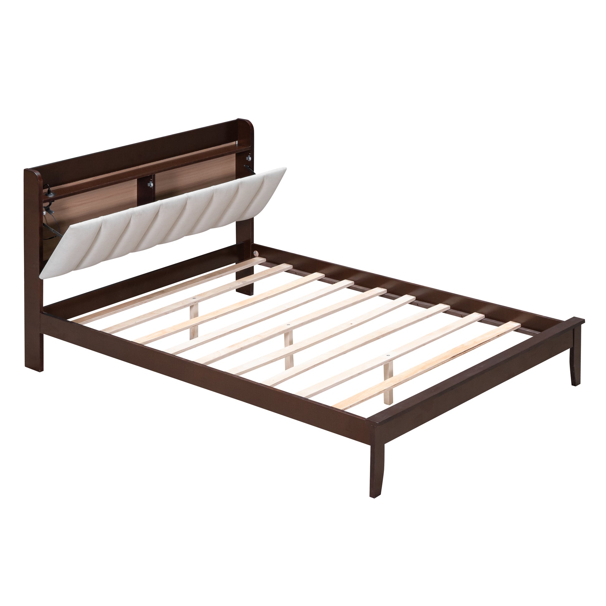 Full Size Platform Bed With Usb Charging Station And Storage Upholstered Headboard,Led Bed Frame,No Box Spring Needed,Walnut Beige Walnut Wood