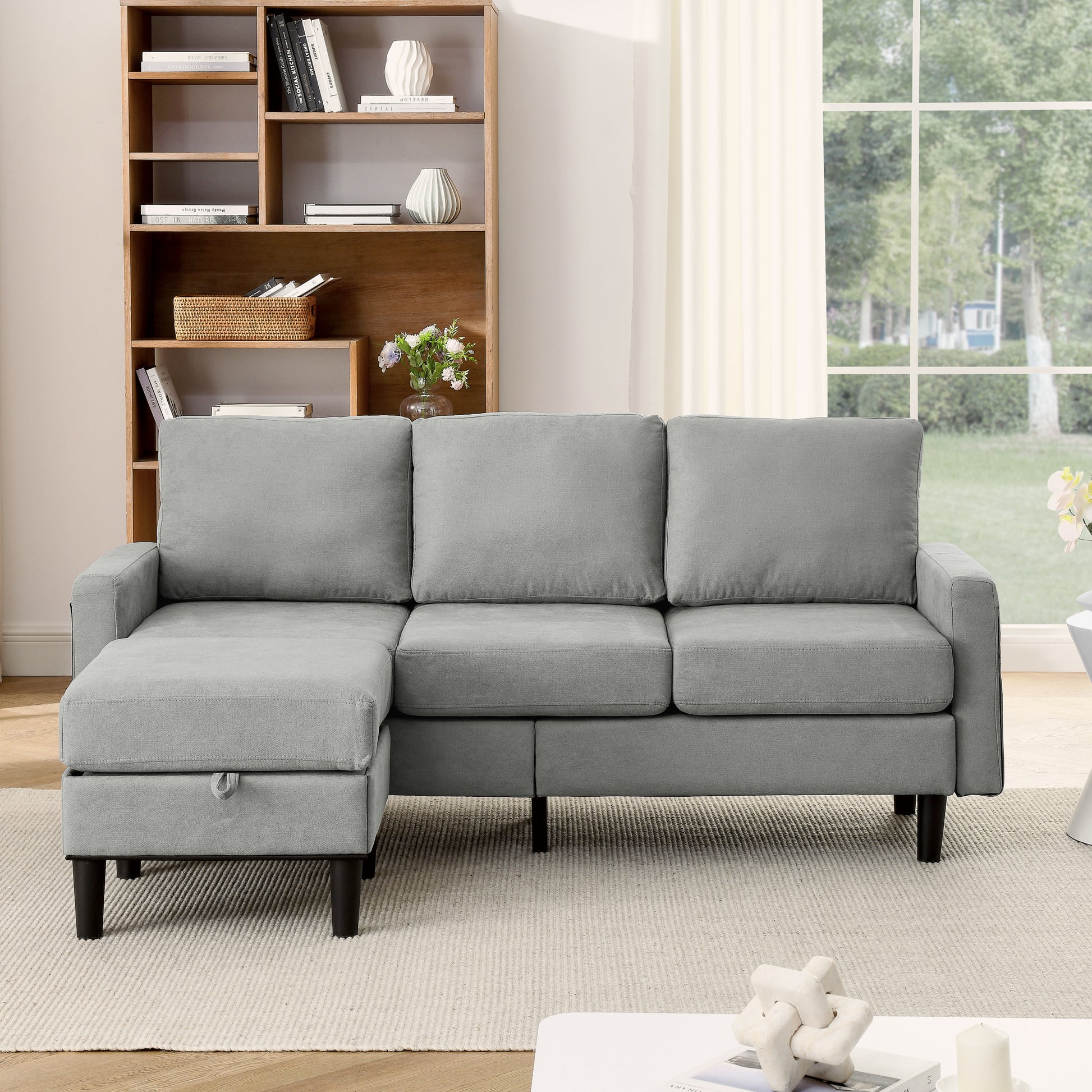 Upholstered Sectional Sofa Couch, L Shaped Couch With Storage Reversible Ottoman Bench 3 Seater For Living Room, Apartment, Compact Spaces, Fabric Light Gray Light Gray Wood Primary Living Space Soft Pillow Back Modern Square Arms Foam Solid Wood 4 Seat