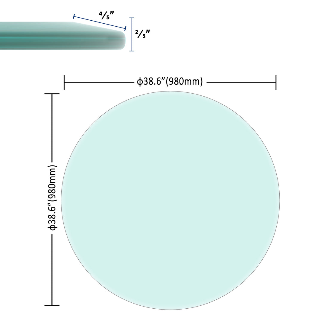 38.6" Inch Round Tempered Glass Table Top Clear Glass 2 5" Inch Thick Beveled Polished Edge Transparent Glass