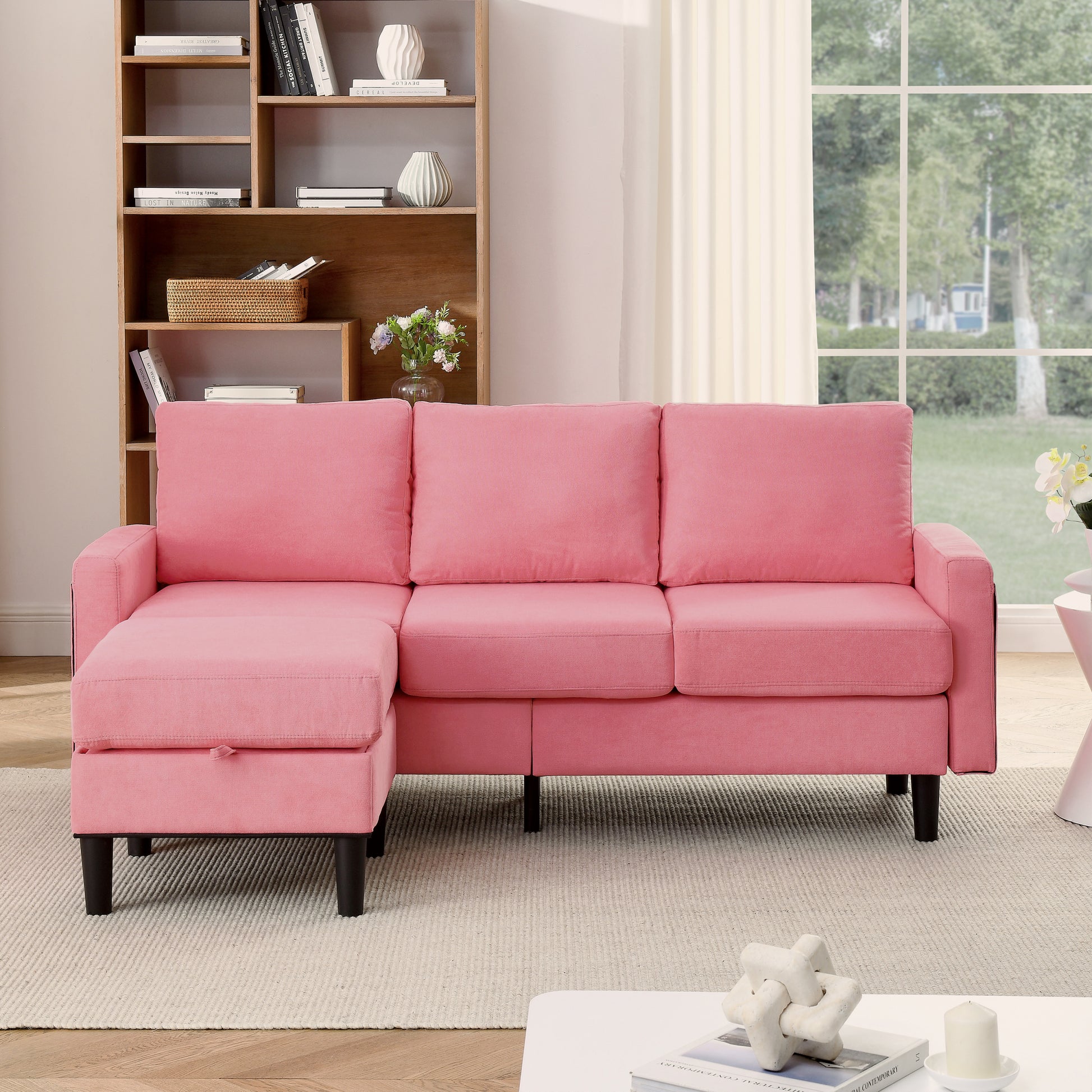 Upholstered Sectional Sofa Couch, L Shaped Couch With Storage Reversible Ottoman Bench 3 Seater For Living Room, Apartment, Compact Spaces, Fabric Pink Pink Wood Primary Living Space Soft Pillow Back Modern Square Arms Foam Solid Wood 4 Seat