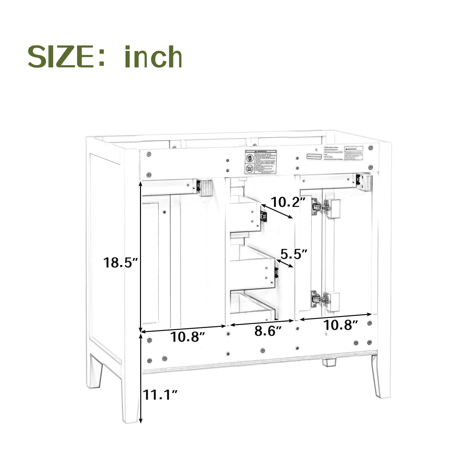 36" Bathroom Vanity Without Sink, Cabinet Base Only, Two Cabinets And Five Drawers, Solid Wood Frame, White White Solid Wood Mdf