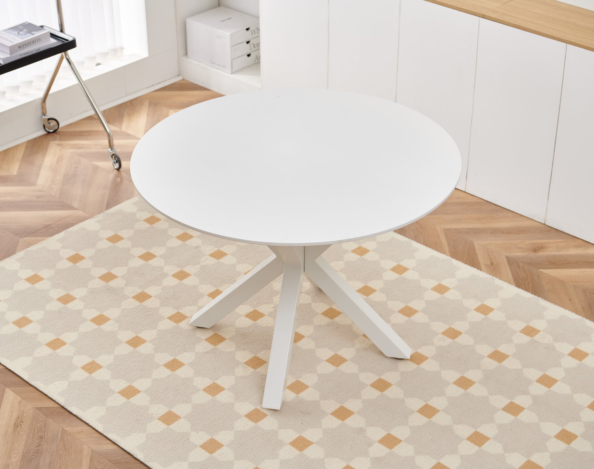 1 4,5Pieces Dining Set,42.1"White Table Cross Leg Mid Century Dining Table For 4 6 People With Round Mdf Table Top, Pedestal Dining Table, End Table Leisure Coffee Table White Kitchen & Dining Tables Mdf