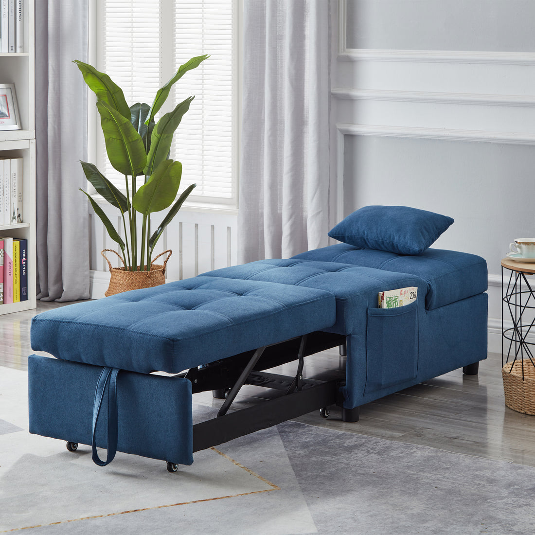 Living Room Bed Room Furniture With Blue Linen Fabric Recliner Chair Bed Blue Foam Fabric