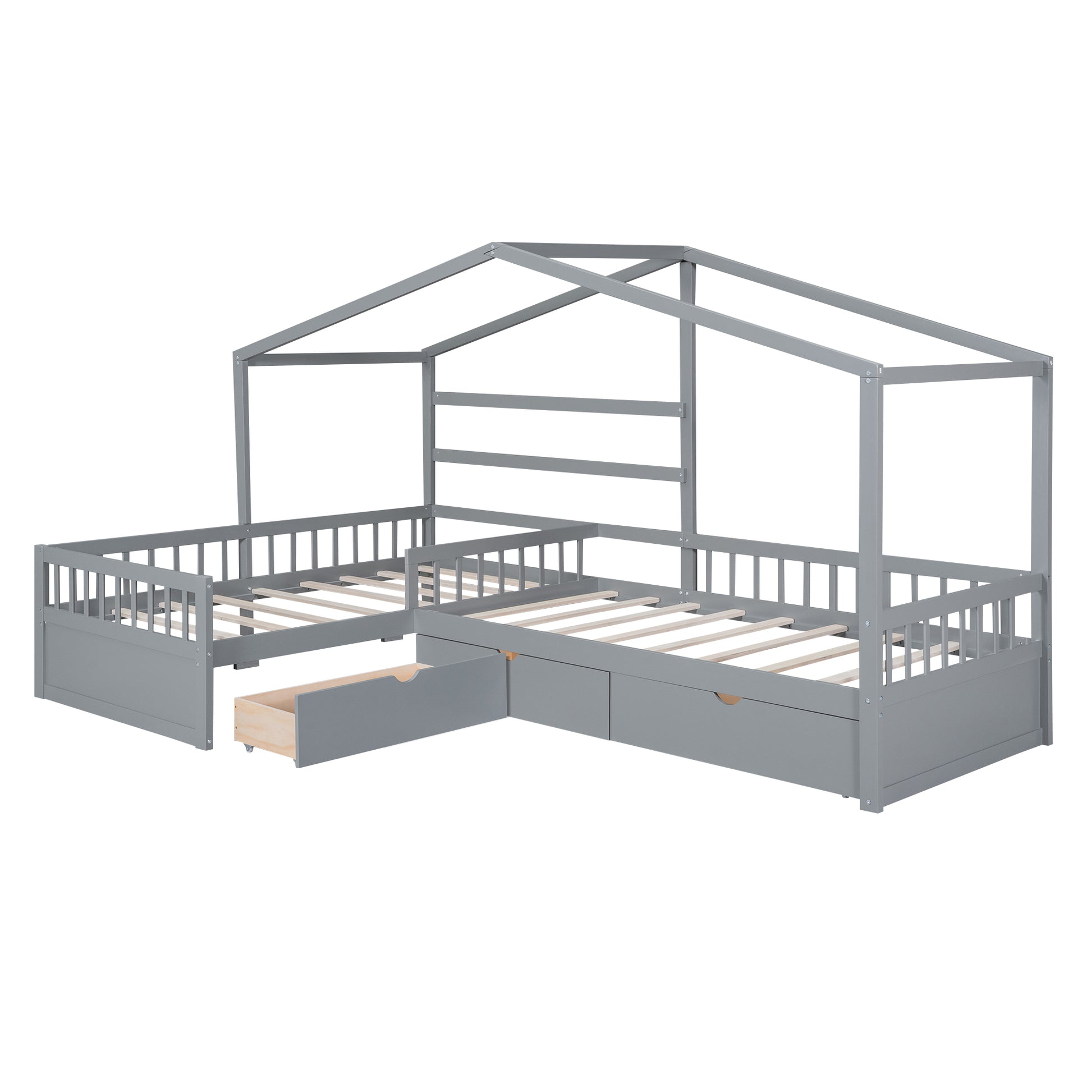 Twin Size House Platform Bed With Three Storage Drawers,Gray Box Spring Not Required Twin Gray Wood Bedroom Pine